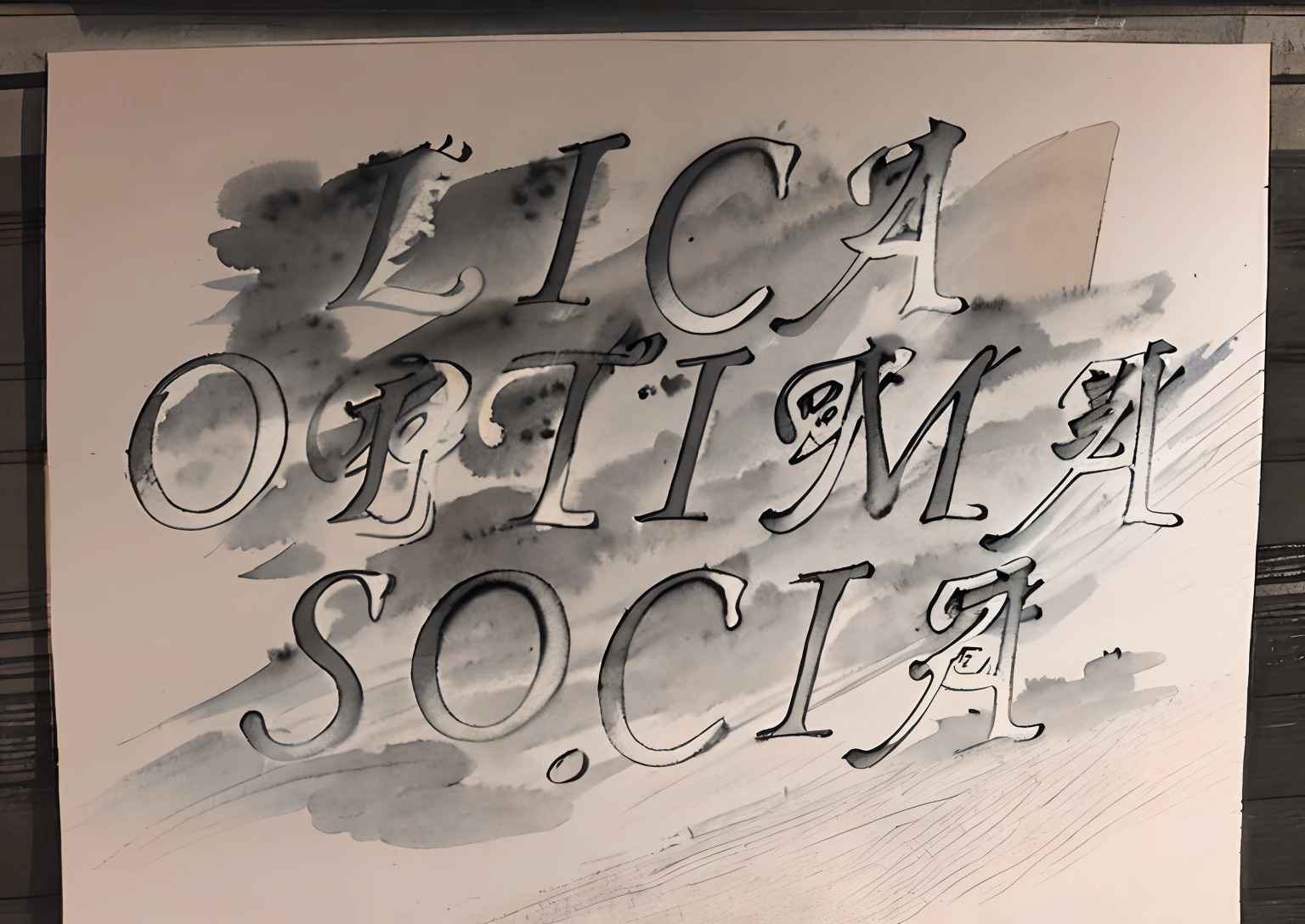 Close-up of black and white text，It says LicaOptima Social。, logotype，Chinese landscape painting，ink wash style，Single color scheme，Black and white color scheme，ink and watercolor painting，Landscape style