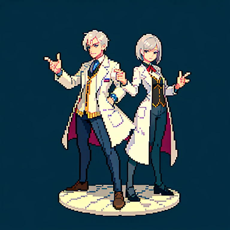 (masterpiece, top quality, best quality, less detail, 8-bit color), pixel,pixel art, lab coat,full body, attack pose, US style, poor jacket, game asset, silver hair, bra on top, short pant, no background