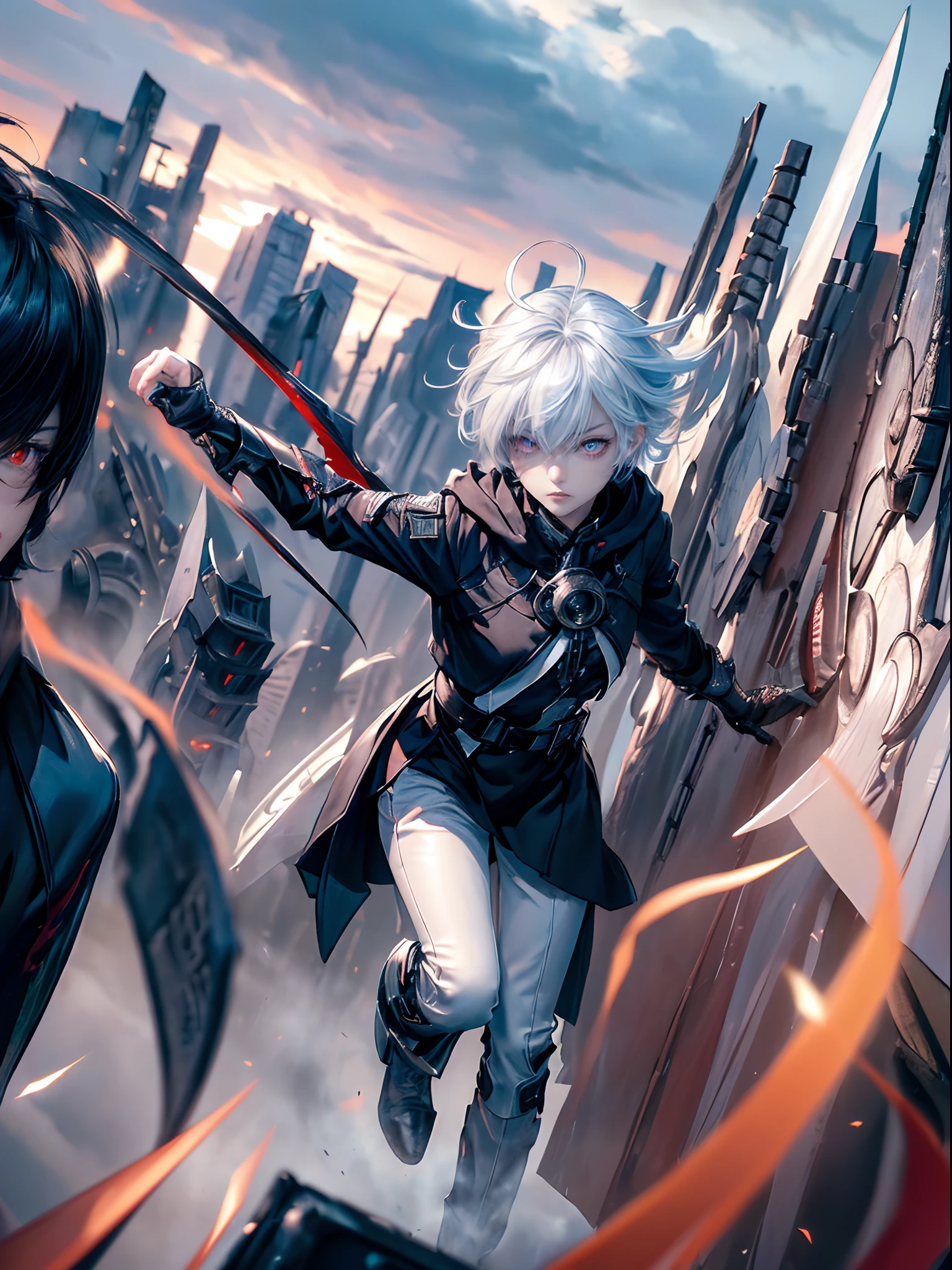 ((4K works))、masterpiece、(top-quality)、One Beautiful Girl、One Evil Man、((Male and female photos))、Slim body、tall、((Black Y-shirt and white pants、Charming street style))、Please wear one jacket、Wearing a hood to hide his face、(Detailed beautiful eyes)、Midnight Combat、In the fight against the demon man、((In battle on a cloudy sky))、((Two are fighting while flying in the sky))、((Flying in the sky))、saddened、suffocating、desolate、((Pitch black sky))、((Face similar to Carly Rae Jepsen))、((Short-haired white hair))、((Smaller face))、((Neutral face))、((With a woman with bright blue eyes))、((Devil Man With Bright Red Eyes))、((American Adult Women and Men))、((Adult female and male 26 years old))、((With cool ladies))、((demon male))、((Like a celebrity))、((Korean Makeup))、((elongated and sharp eyes))、((angry expressions))、((In the fight with the sword))、((boyish))、Professional Photos、((Shot by two))、((She's fighting demon men))、((She is in front of the viewer))、((She is fighting in a distant place))、((In front of her is an evil man flying))、((She is flying in the sky and fighting))、horor、Photos of sadness、((Photos during the battle))