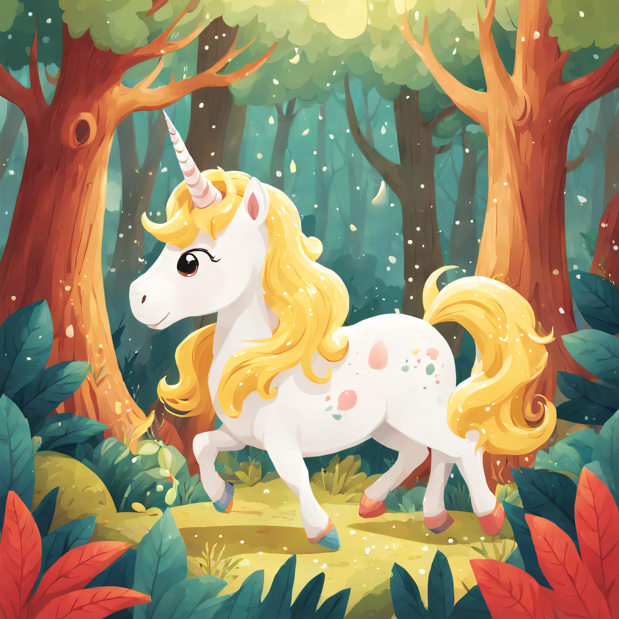 Illustration of educational children's books, Primary color palette, Deep in the forest is a beautiful snow-white unicorn，Seven colored hairs, Rainy weather, forest scape, Daytime, Curious mood ,児童書, Children's Red Model,