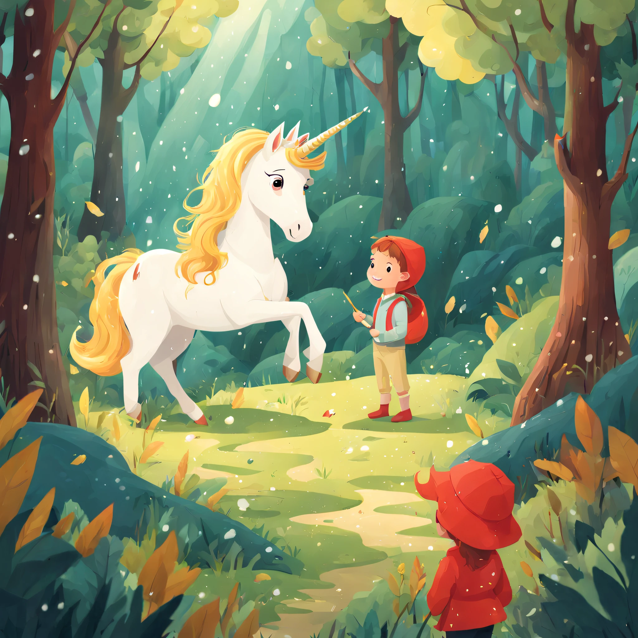 Illustration of educational children's books, Primary color palette, Deep in the forest is a beautiful snow-white unicorn，Seven colored hairs, Rainy weather, forest scape, Daytime, Curious mood ,児童書, Children's Red Model,