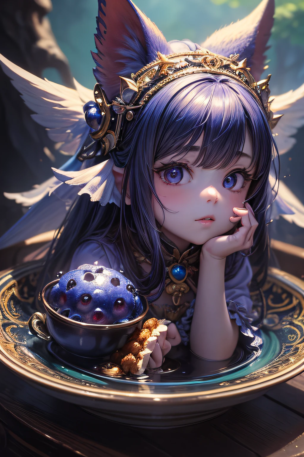 ( Absurd, High quality, ultra-detailed, masterpiece, concept art, smooth, highly detailed artwork, hyper-realistic painting )tiny little girl, Dreamy, Romantic, Vivid, girl, blueberry fruits, blueberry muffin character, cute, whole body , anime, fantasy, fairytale wings