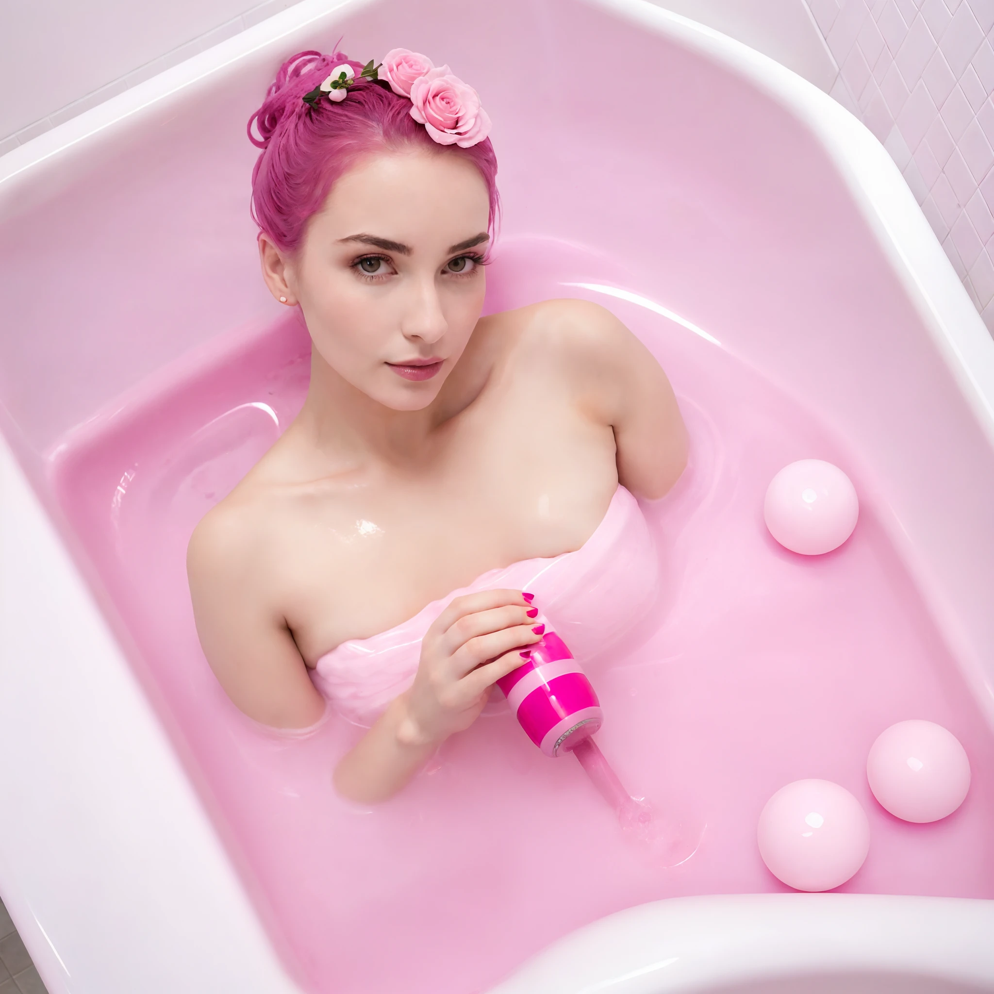 Woman in the bathtub,Pink vibrating device and rose, Vibrating, playful vibe, entangled vibrating, Hot, intimate, attractiveness, easy to use, sensuality, bottom angles, high light, the woman holds more toys, pink water in a large bath, Fantasy atmosphere, smooth vibrancy, high - key, high key, Femme, 1 female