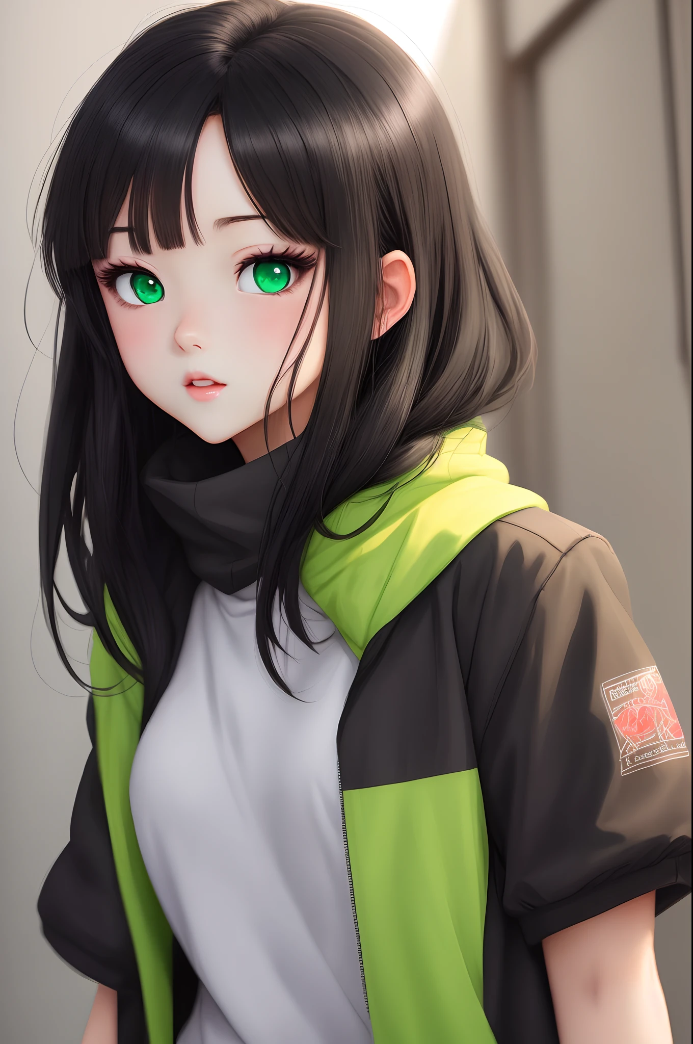 Anime girl with black hair and green eyes