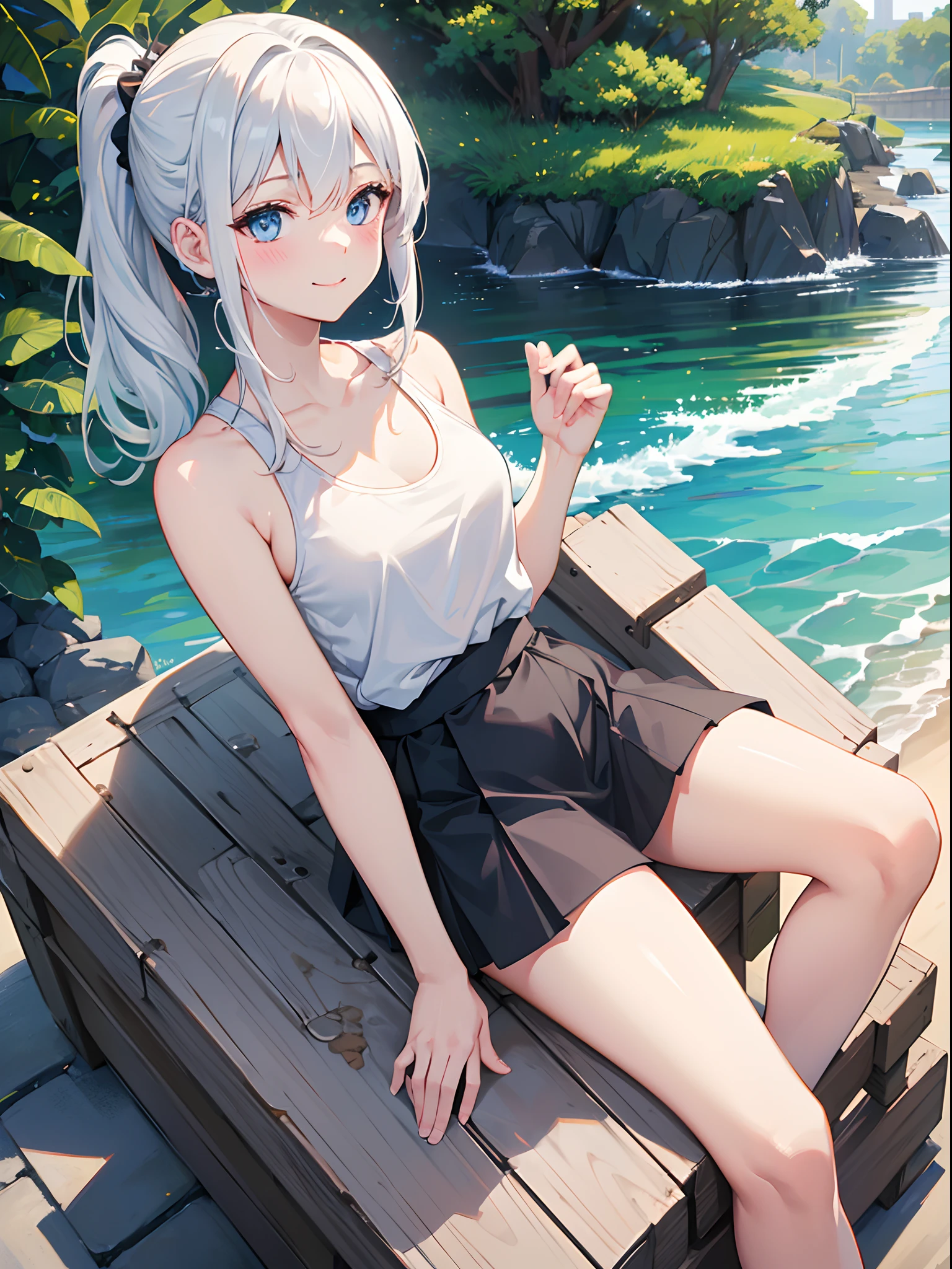 Khmeliza, 1girl in, Hair above one eye、White hair、Jewelry, single thighhigh, Midriff, Black skirt, Asymmetrical legwear、crouching down、Physical education sitting、The bikini、the beach