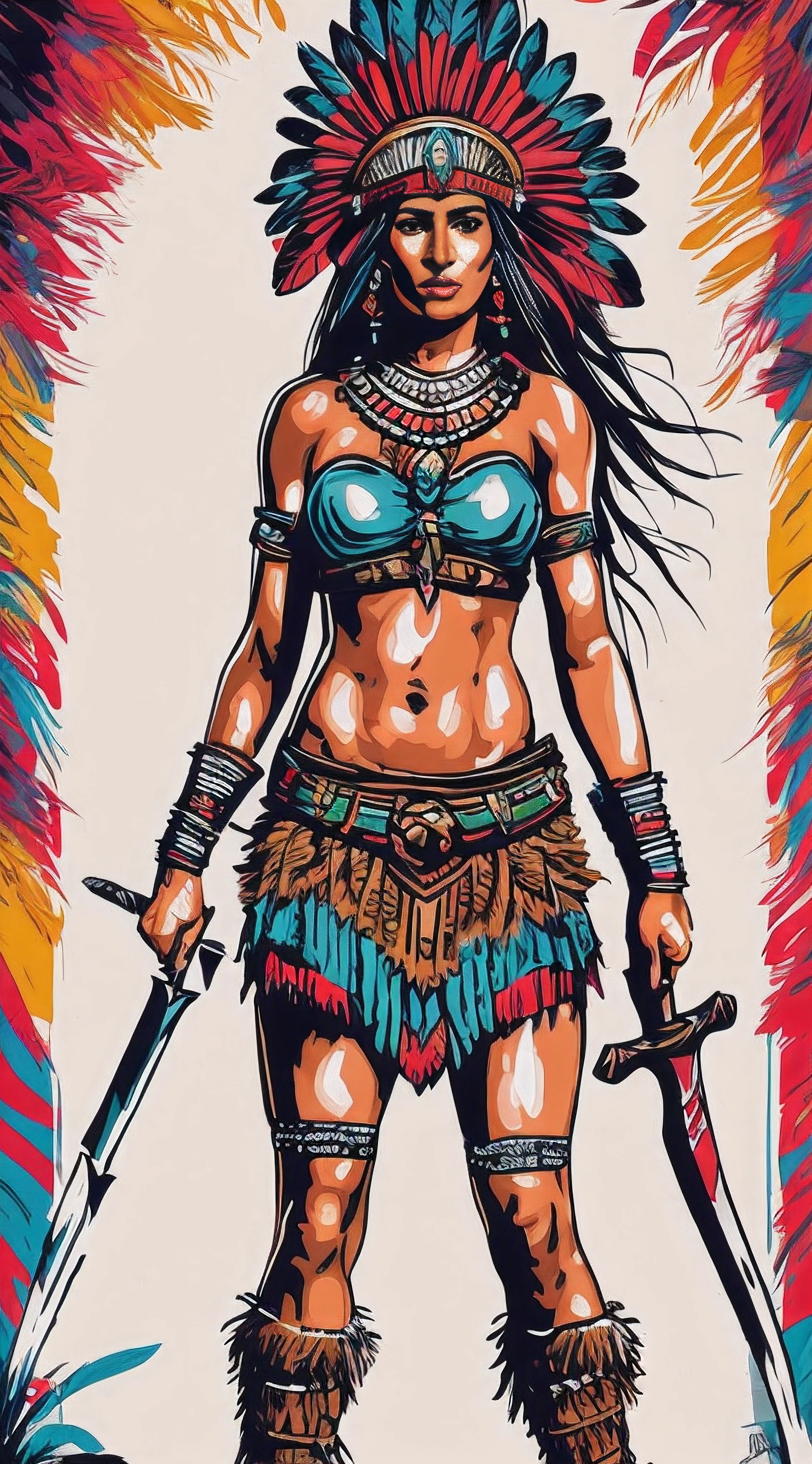 a drawing,A woman in native clothing holds a sword, warrioress, warrior girl, a beautiful woman warrior, amazon warrior, warrior princess, Female Warrior, aztec warrior goddess, barbarian warrior woman, north female warrior, beautiful female warrior, warrior queen, portrait of a woman warrior, Aztec princesses fight barbarians, Greek Amazonian warrior, north adult female warrior, aztec princess portrait