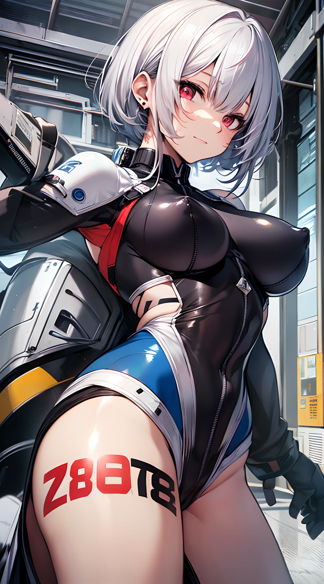 top-quality、Top image quality、in 8K,4K,masterpiece、(NSFW:1.3)、ultra-detailliert、Beautiful、ultra-quality、adult-like、Cool、girl with(((18year old、Zero Suit 1:3、Bust 78、silber hair、a short bob、Red Eyes、erotick:1.4、Happiness、The tattoo)))、hiquality、visualart、Background with((城市:1.2))、masutepiece
