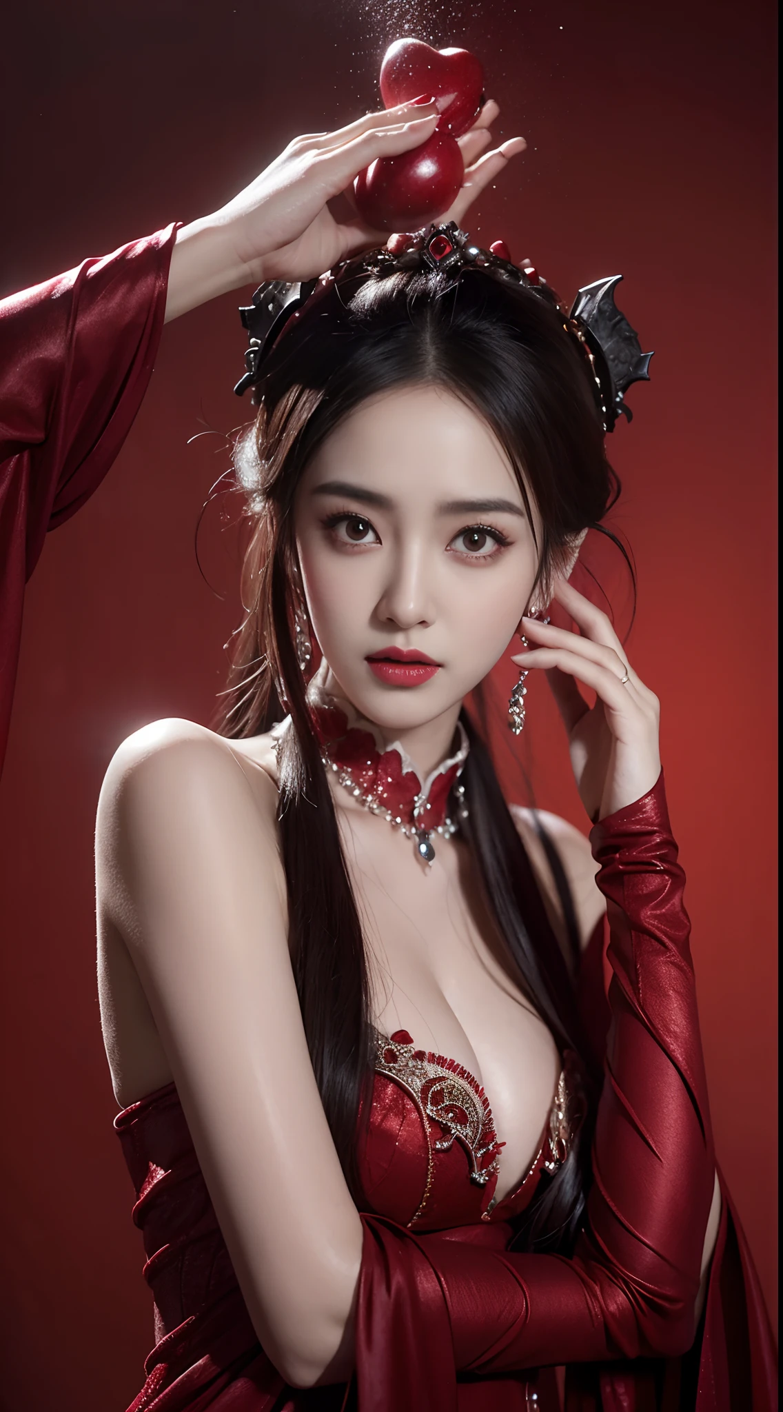 beautiful Dilraba Dilmurat, colorful crimson blood shower, angry succubus cosplay, photorealistic, close up, fashion designer, voluptous, cleavage, respledent ashen skull pearls, baroque, in the style of Victor Ngai