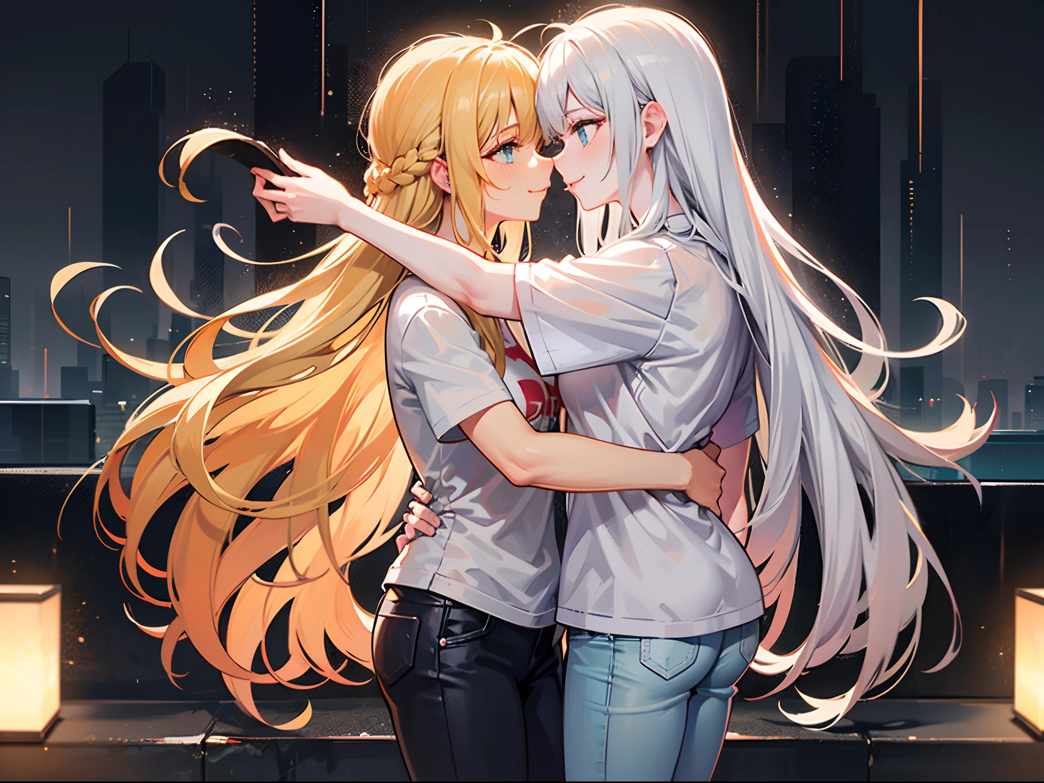 18-year-old blonde girl, Turquoise eyes, long-haired,Braid left and right, White T-shirt, Black Jeans Standing in the rain.Kiss someone else....With a slightly smiling face..............