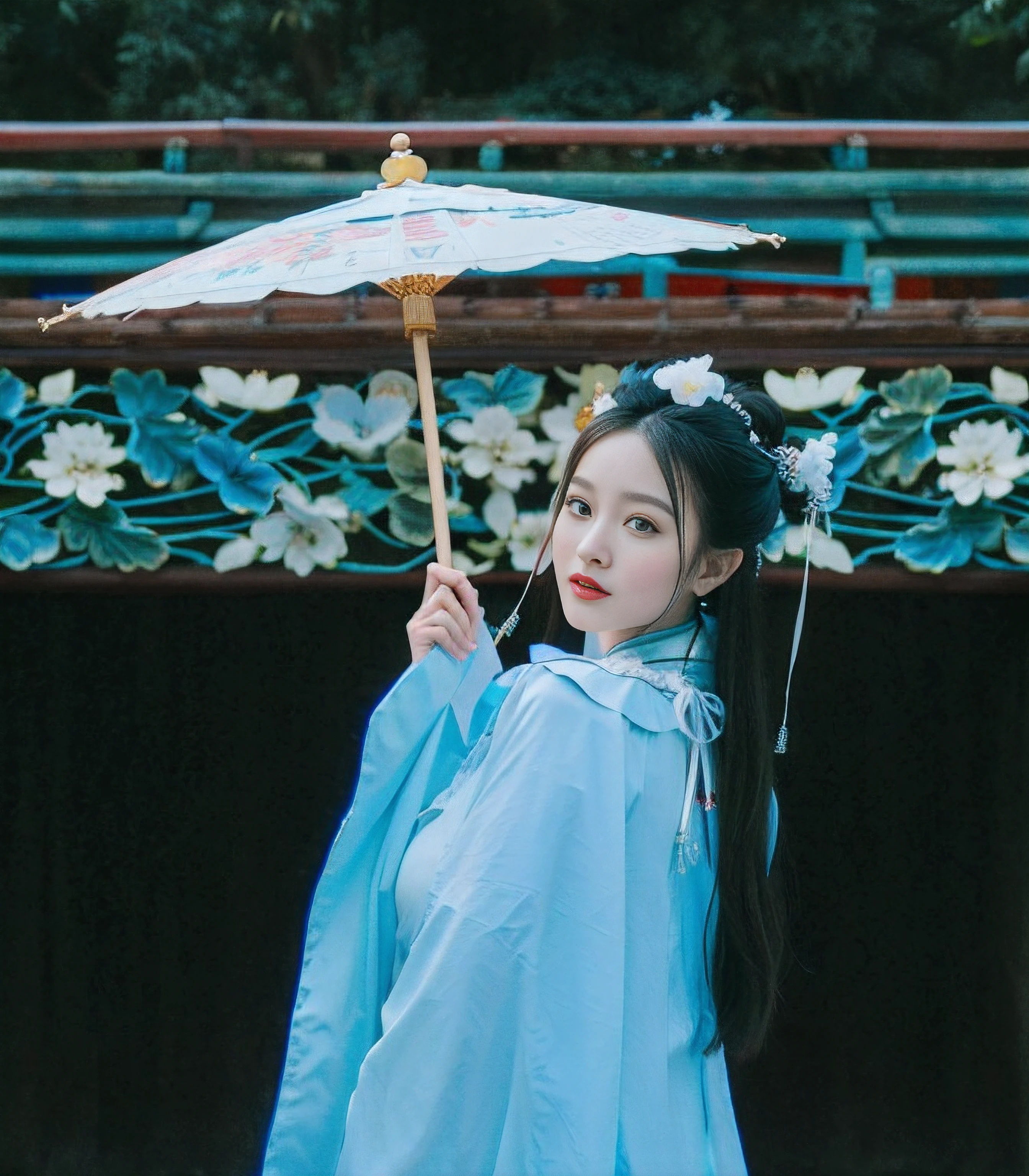 An Asian woman in traditional dress holds an umbrella, Palace ， A girl in Hanfu, Hanfu, Wearing ancient Chinese clothes, White Hanfu, Traditional Chinese clothing, Chinese girl, Chinese woman, Chinese traditional, with acient chinese clothes, Chinese style, China Princess, Chinese costume, Princesa chinesa antiga, A young Asian woman, Traditional beauty