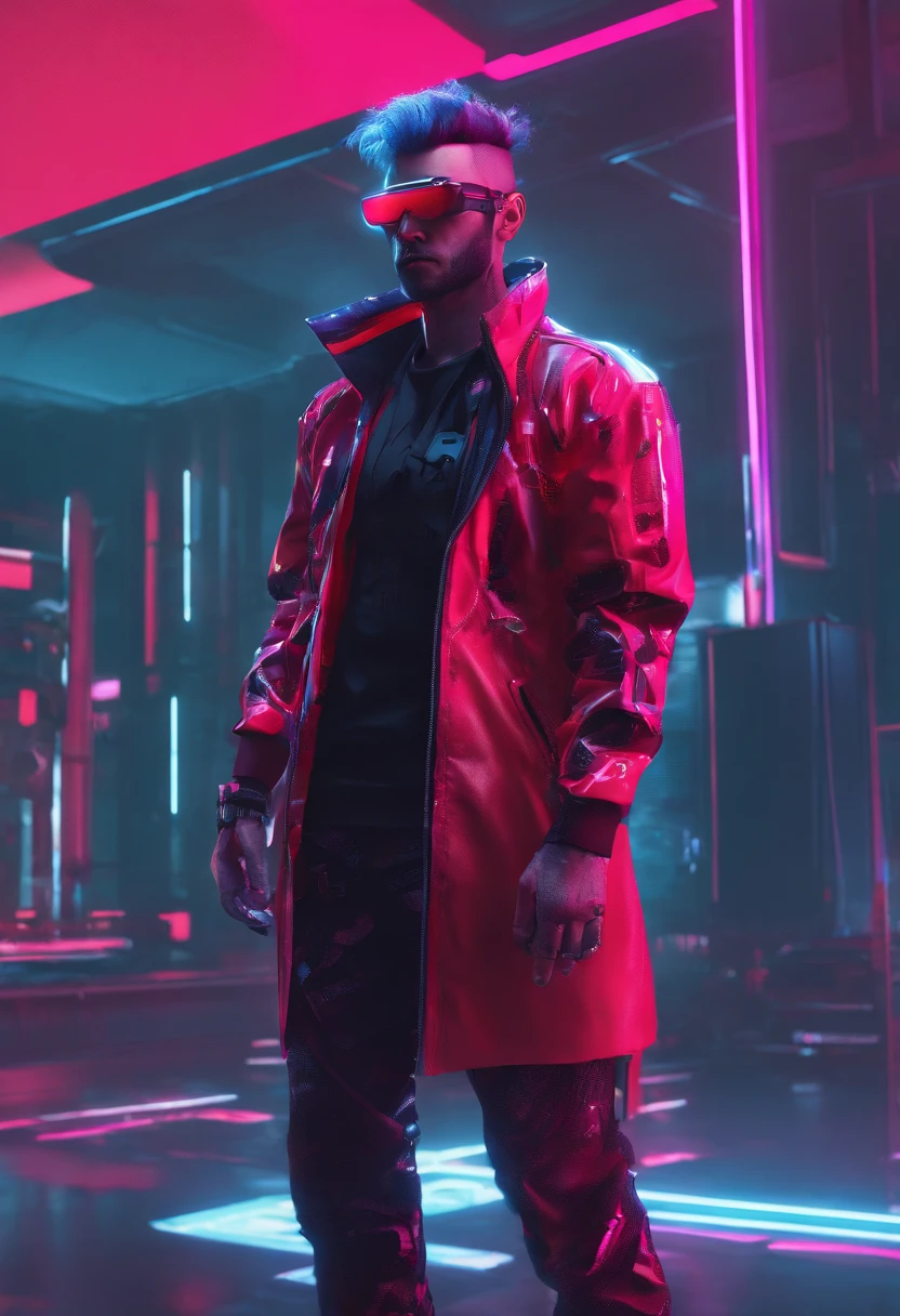 1 male, Cyberpunk 2077 inspired style, ((burst fade mullet hair style)), Black hair, Red glowing highlighted hair, cybernetic glasses, medtech outfit, red glowing outfit. red holograhic clothing, fully clothed, medical, mid-30s in age
