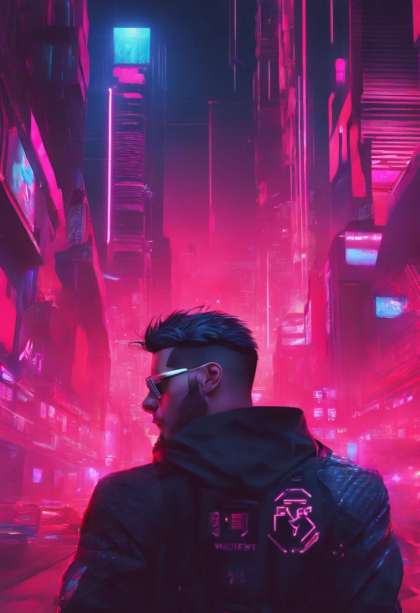 1 male, Cyberpunk 2077 inspired style, ((burst fade mullet hair style)), Black hair, Red glowing highlighted hair, cybernetic glasses, medtech outfit, red glowing outfit. red holograhic clothing, fully clothed, medical, mid-30s in age