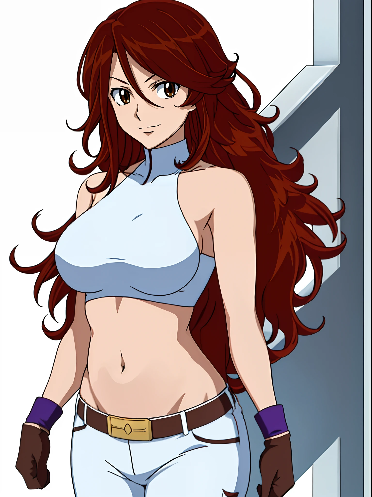 ((solo)), Best Quality, hires, curvy midsection, (tilt head, female wrestler, detailed muscles), smile, happy), upper body only, anime style: 1.8, anime drawing, ultra detailed face, ultra detailed body, 4k, Sumergai Lee Noriega, (standing), best quality, anime style, hires, highest definition, digital blending, bold drawing lines, (((White Background))), ( (pro female wrestler), long attractive belly, slim body, ((strong arm muscles)), broad shoulders , off-shoulders, closed fists, (strapless bikini, shorts, white gloves, , arm band, (champion belt))), (large breasts, defined cleavage, closed mouth, sexy navel, shiny skin), (big eyes, brown eyes, shiny eyes), (reddish hair, loose hair, curly hair, wavy hair, long hair, floating hair)