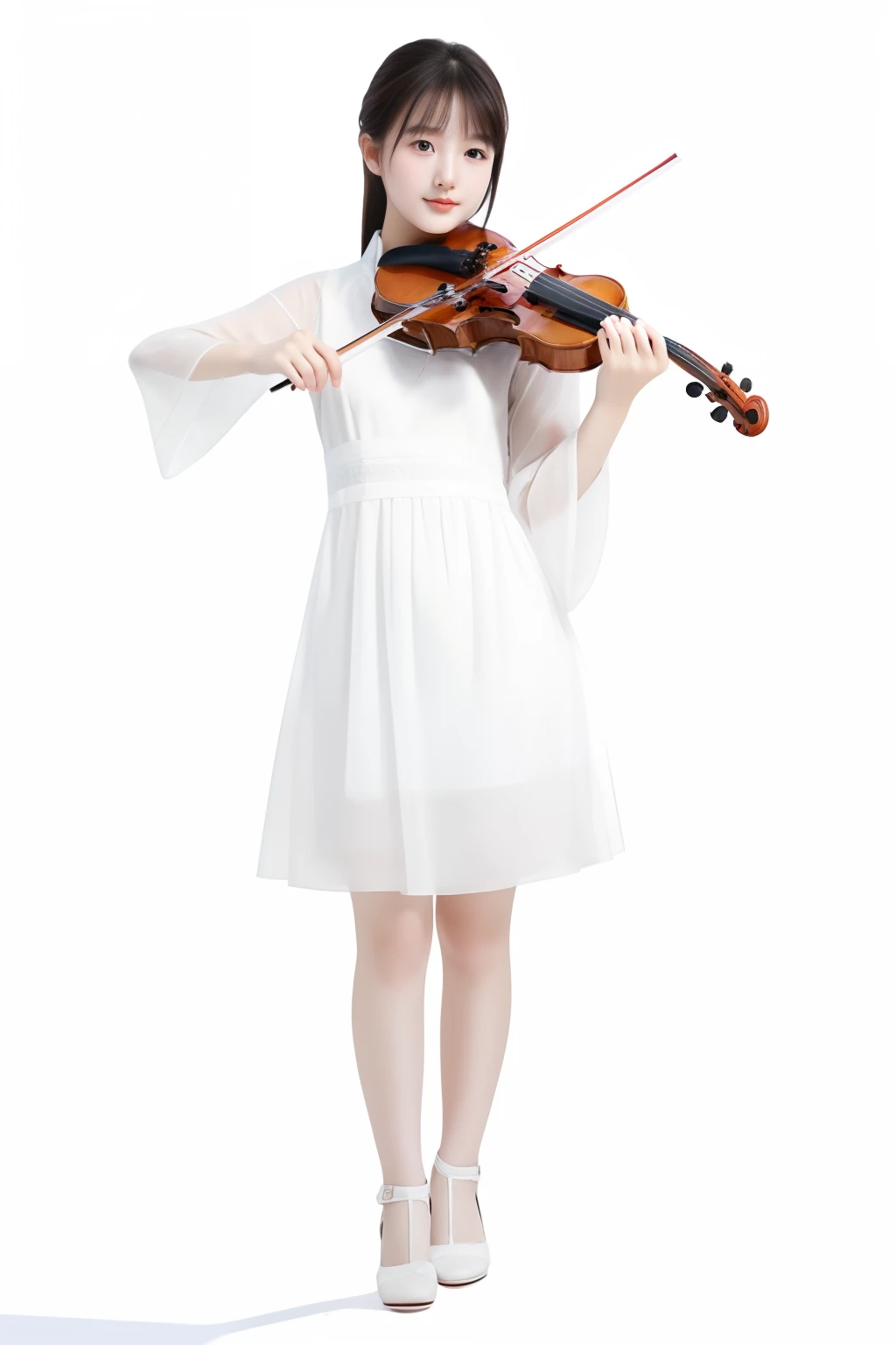 `(Best quality:1.2), Ultra-detailed, (Realistic:1.37), Cute little Chinese girl in white dress playing violin, musician, violin, wide lens shot, right side composition, full - length view. white plastic, full body shot of, full body shot of, full-body portraits, wide lens shot, full - length photo, full pose, promo shot.`