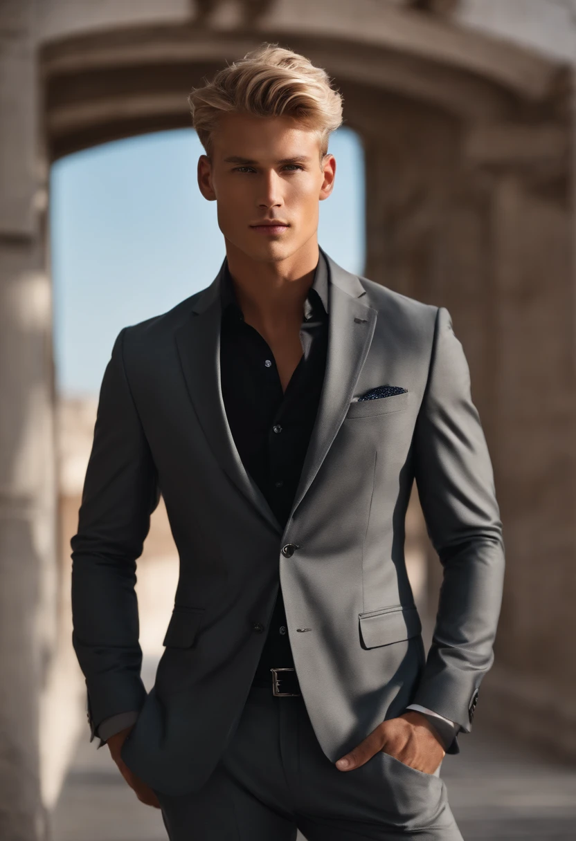 Full body man looking forward, gray buttoned suit, with gray pants, white shirt, black belt, full body, arms at his sides, short blond hair, and blue eyes, attractive male, handsome young man, and attractive, Characteristics , attractive man, attractive young man, Cool _ hairstyle, blond man, Slim man with light tanned skin, Young man with long length, black shoes, 8k