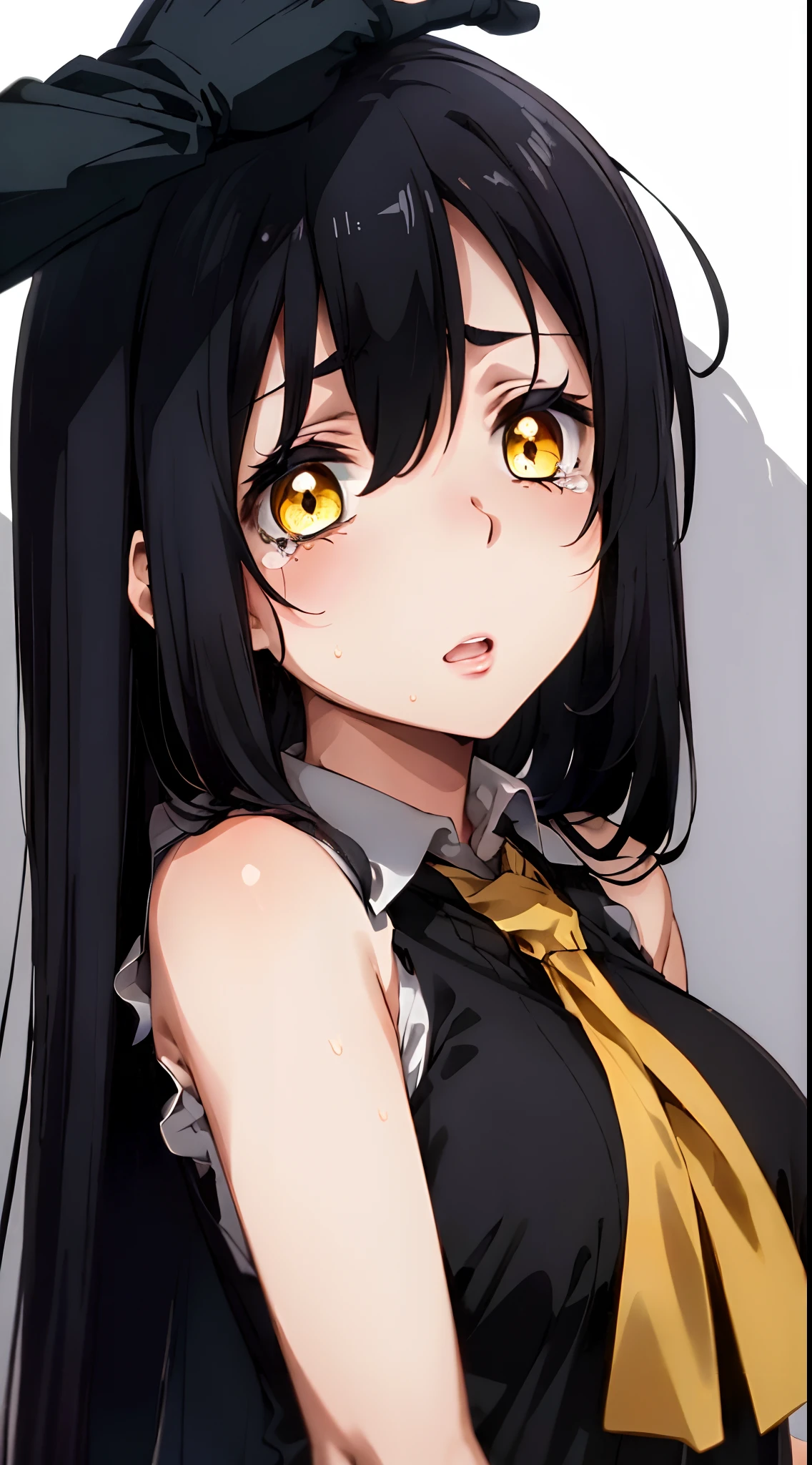 (mieruko:1.3), 1girl, scared, tears, sweat drips, yellow detailed eyes, long black hair, big eyes, (open mouth:0.1), detailed pupils, hdr shadows, ((elegant clothes, businesses woman, sleeveless)), ((upper body, headpat by a man)).