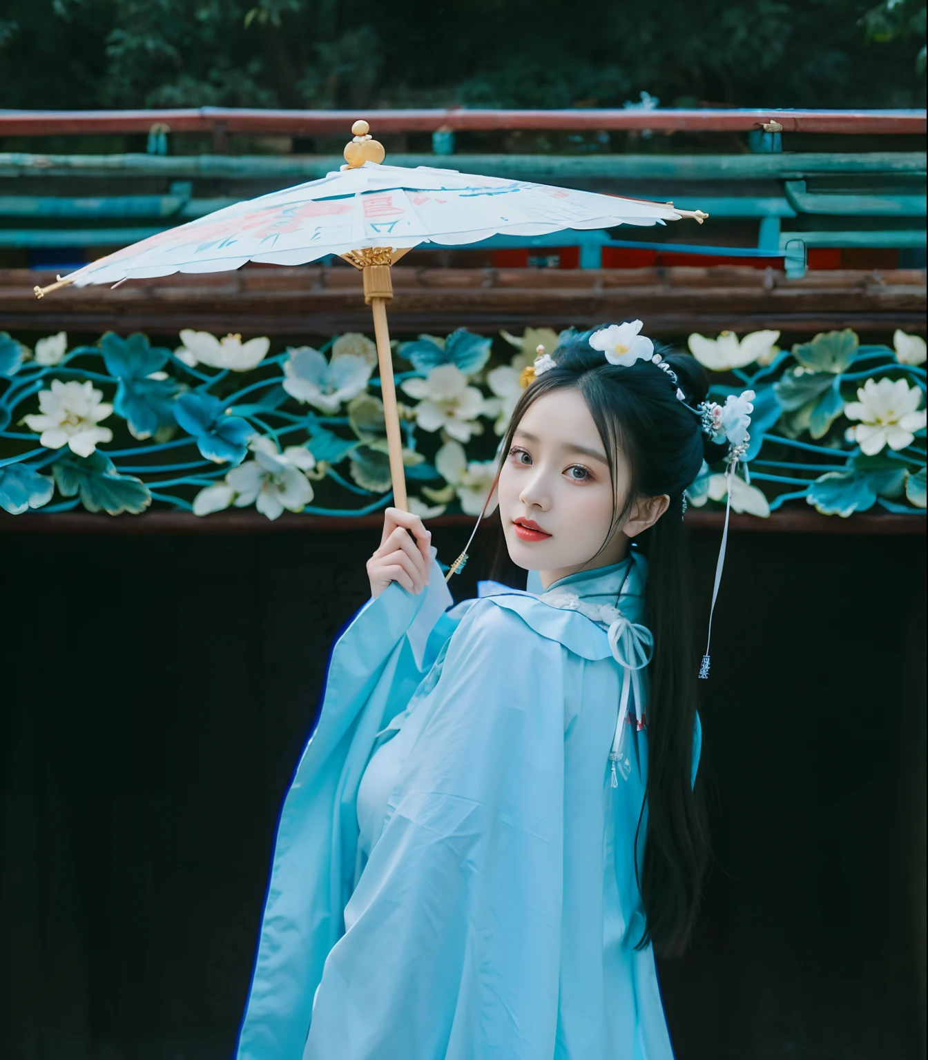 An Asian woman in traditional dress holds an umbrella, Palace , A girl in Hanfu, Hanfu, Wearing ancient Chinese clothes, White Hanfu, Traditional Chinese clothing, Chinese girl, Chinese woman, Chinese traditional, with acient chinese clothes, Chinese style, China Princess, Chinese costume, Princesa chinesa antiga, A young Asian woman, Traditional beauty