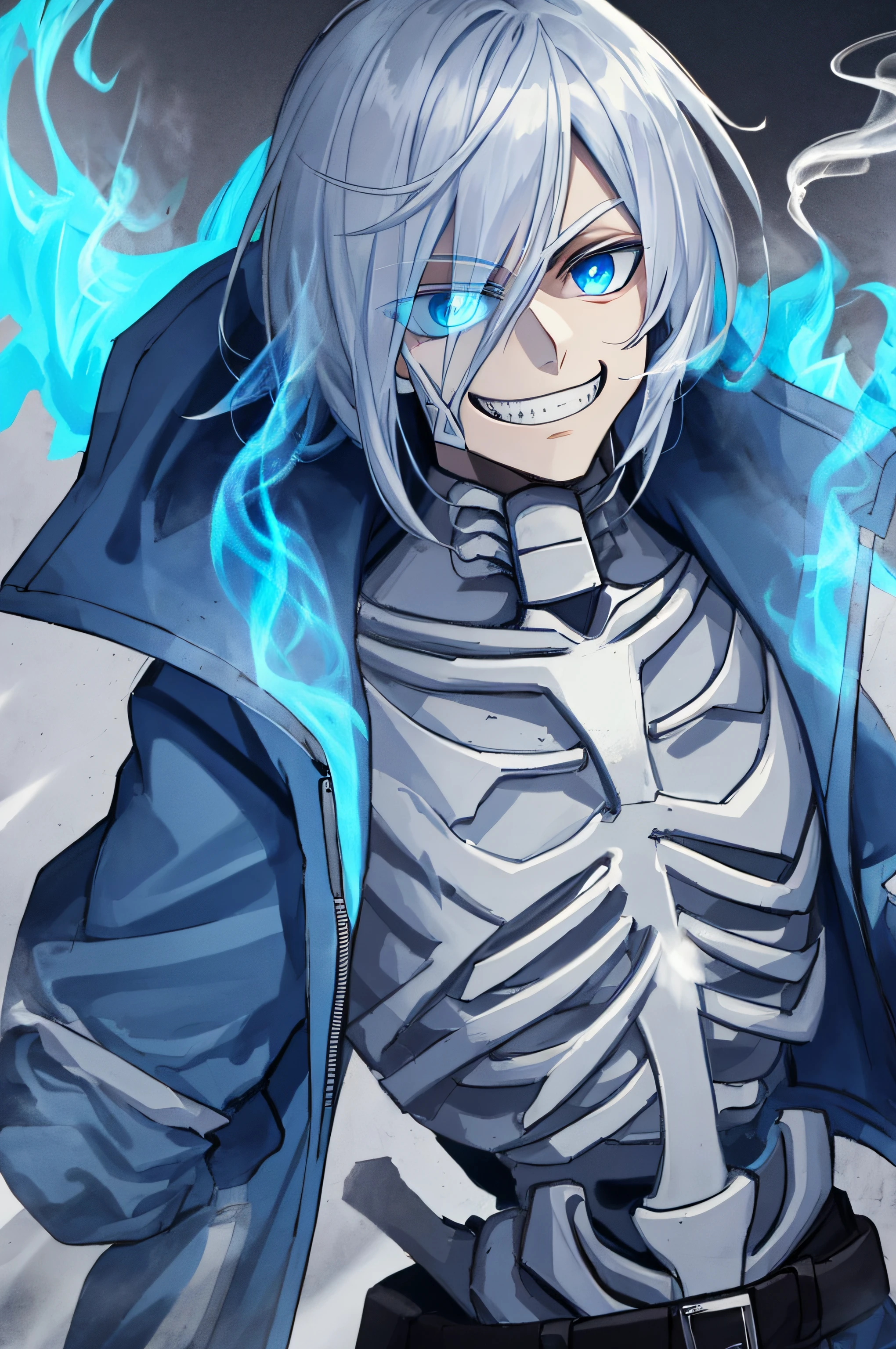 Skeleton, blue eyes, smoke, jacket, grin, background, fire