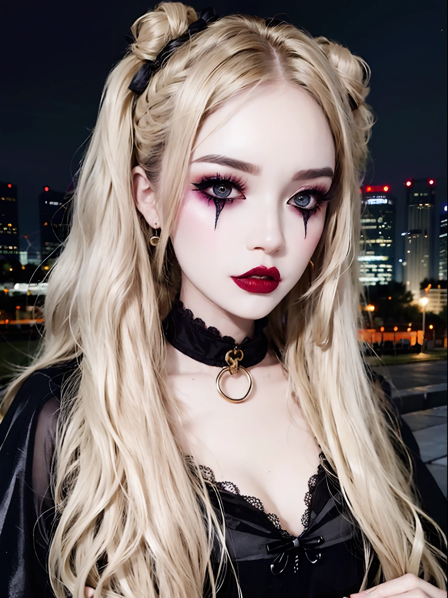 RAW photo, 1girl,South Korean idol ,  heart bun hair, HWmakeup, (Halloween costume:1.1), complex Halloween party background, (hdr, hyperdetailed:1.2)