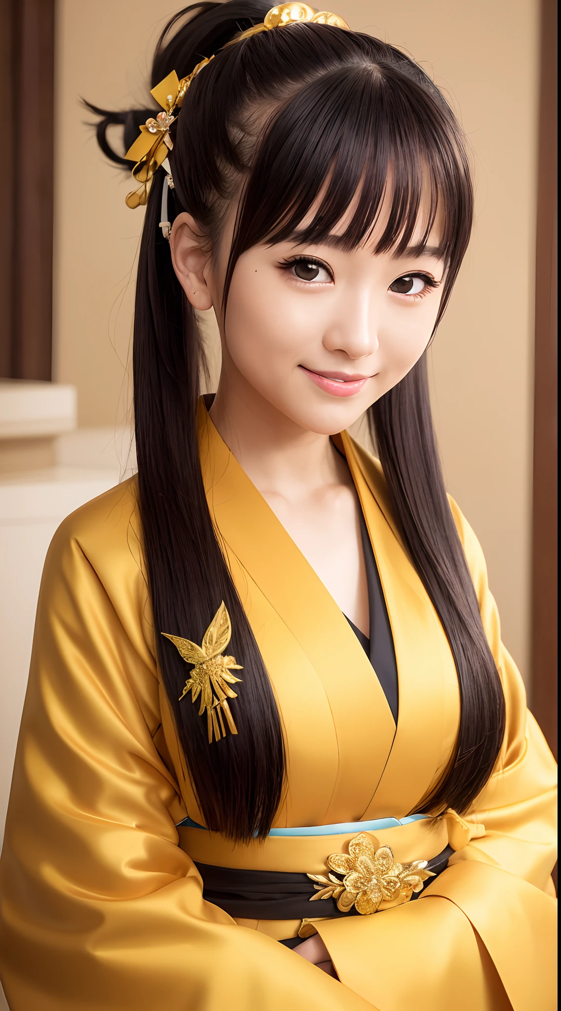 masutepiece, Best Quality, hight resolution, photoreaslistic, Detailed face, 1girl in, Upper body, Golden kanzashi hair, Ponytail hair, Black hair, Cute,Smile, shrines, shining background, Golden kimono