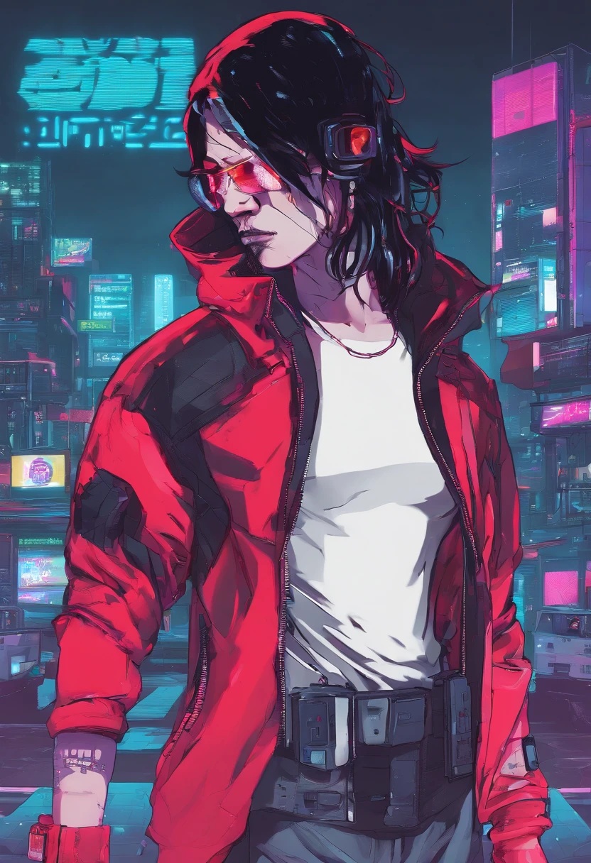 1 male, Cyberpunk 2077 inspired style, ((burst fade mullet hair style)), Black hair, Red glowing highlighted hair, cybernetic glasses, medtech outfit, red glowing outfit. red holograhic clothing, fully clothed, medical, mid-30s in age