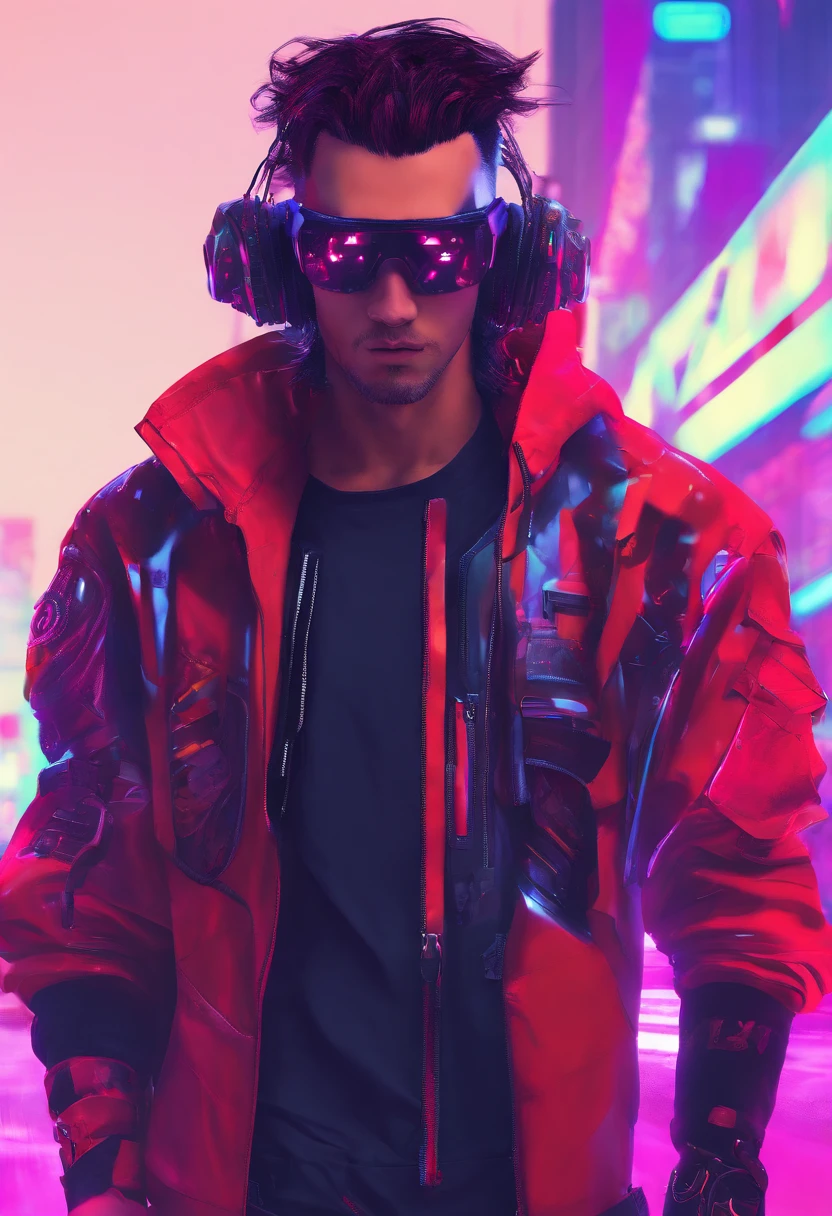 1 male, Cyberpunk 2077 inspired style, ((burst fade mullet hair style)), Black hair, Red glowing highlighted hair, cybernetic glasses, medtech outfit, red glowing outfit. red holograhic clothing, fully clothed, medical, mid-30s in age