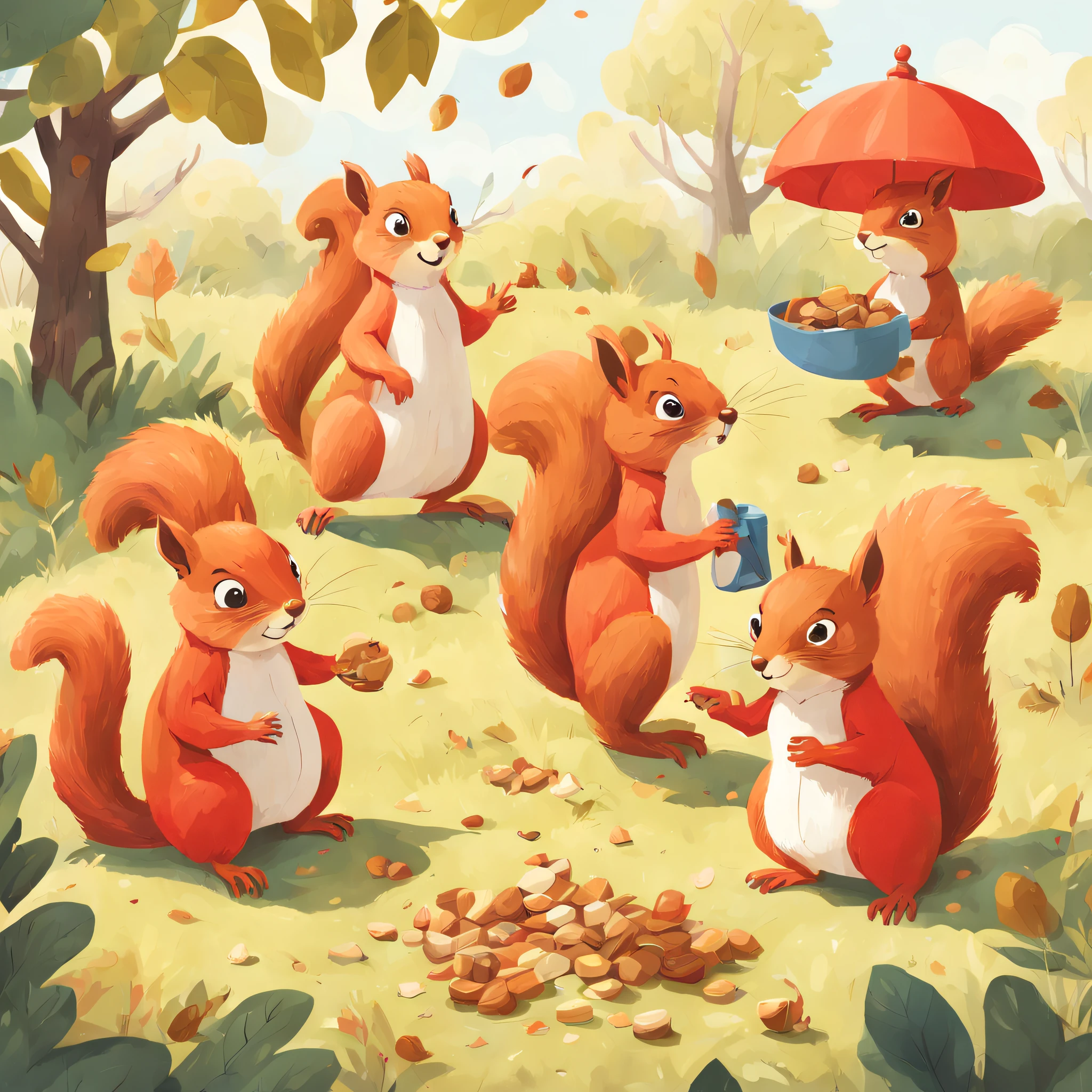 Illustration of educational children's books, Primary color palette, A group of squirrels had a heated debate about how to distribute a clever nut dispenser,Miniature UN General Assembly, Daytime, Quarrelsome mood ,児童書, Children's Red Model,
