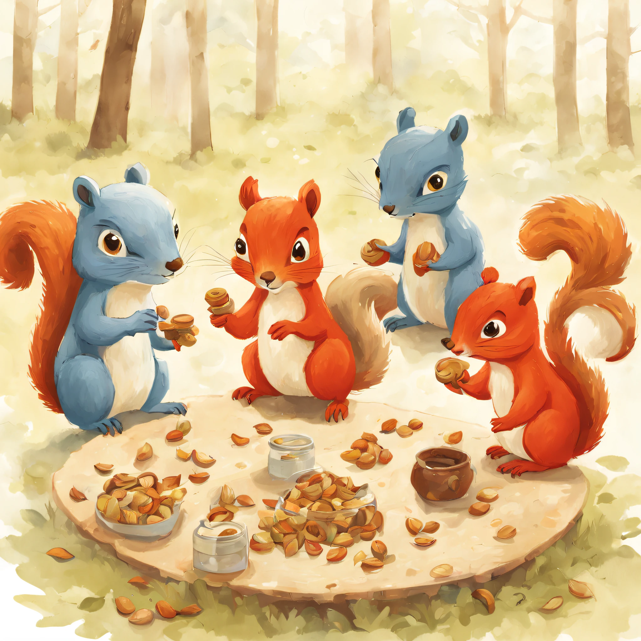 Illustration of educational children's books, Primary color palette, A group of squirrels had a heated debate about how to distribute a clever nut dispenser,Miniature UN General Assembly, Daytime, Quarrelsome mood ,児童書, Children's Red Model,