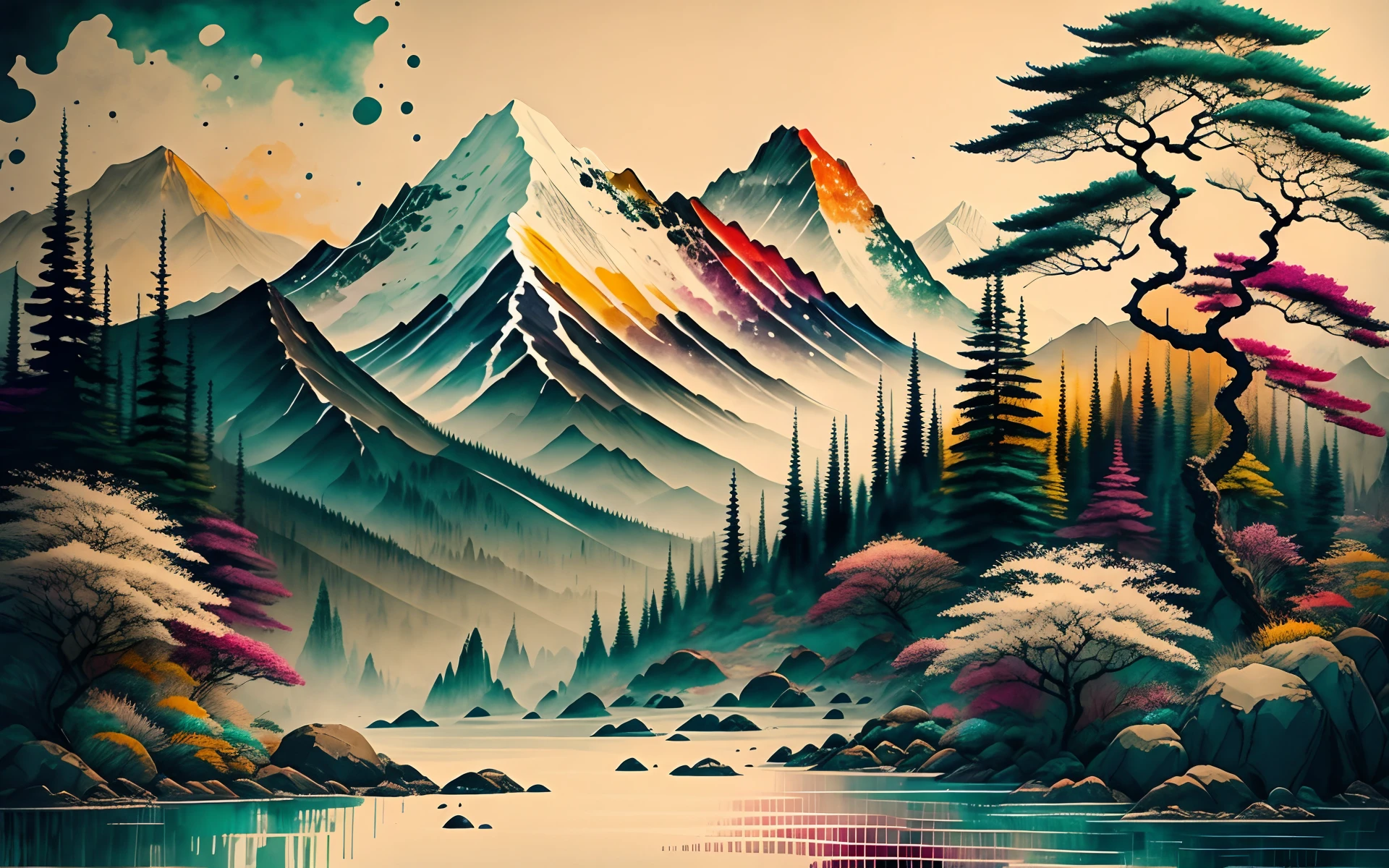 very colorful scenery, ink, mountains, water, trees