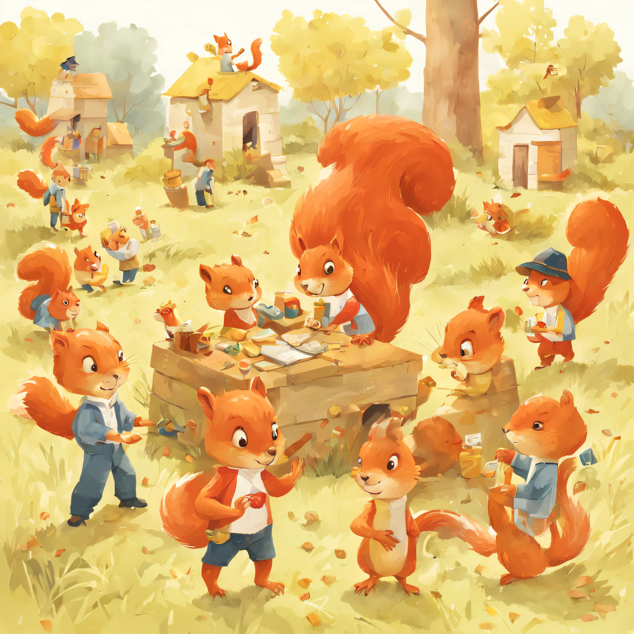 Illustration of educational children's books, Primary color palette, A group of squirrels had a heated debate about how to distribute a clever nut dispenser，Miniature UN General Assembly, Daytime, Quarrelsome mood ,児童書, Children's Red Model,