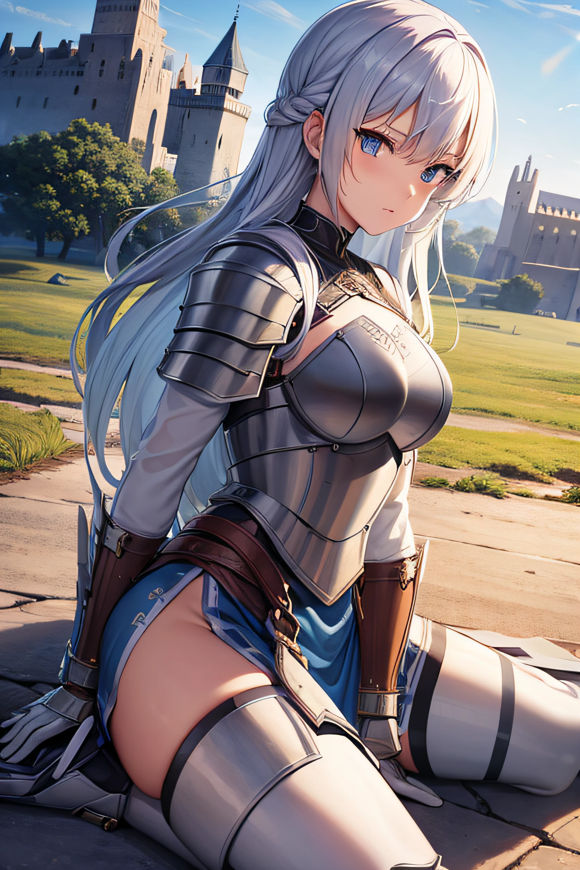 warrioress，Nordic style armor，ancient battle field，European Middle Ages，Game shots，detail-rich，8k castle，Faraway view