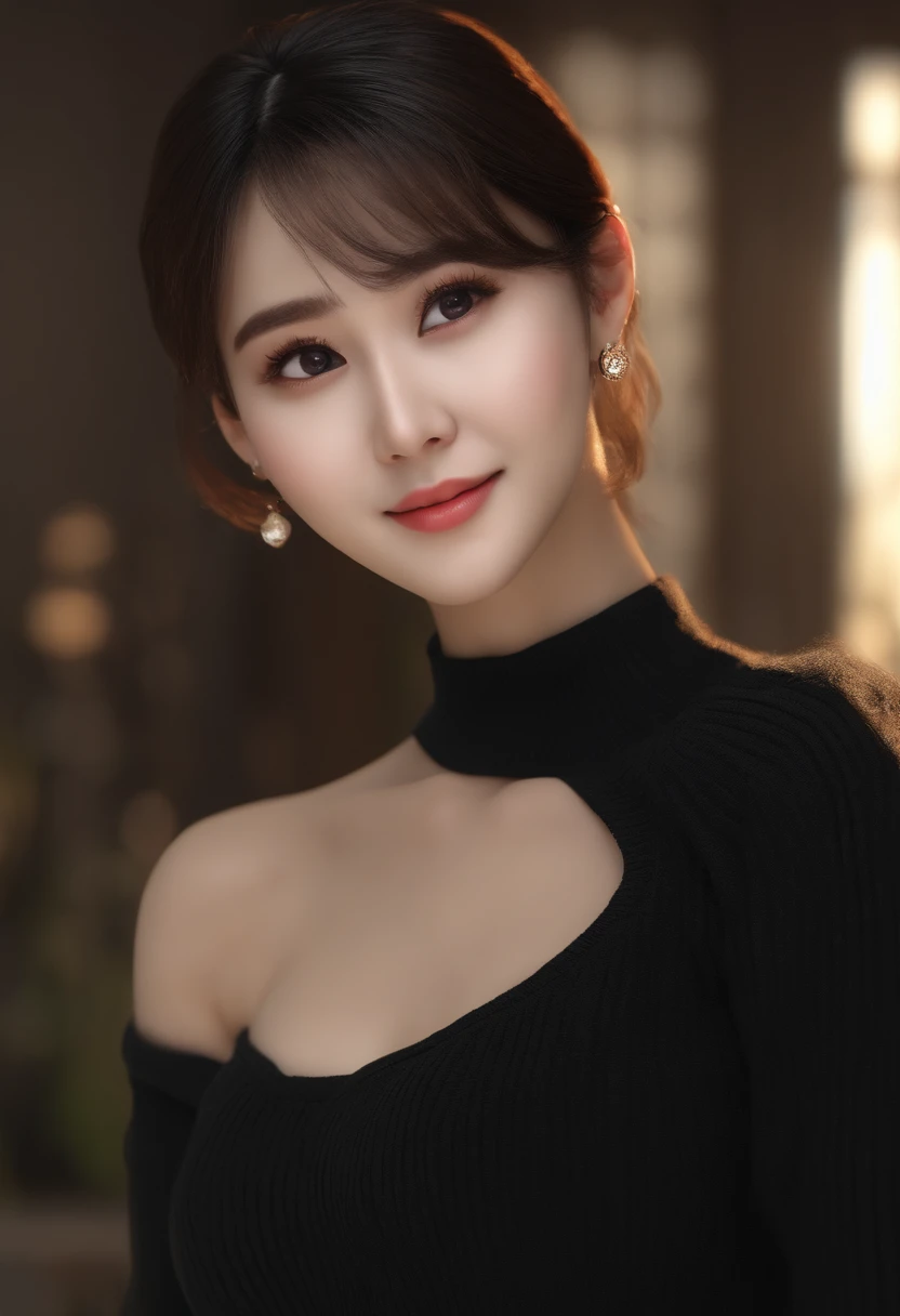 Best quality, hyper HD, (Photorealistic:1.4),Sunset light, pony tails, Korean women, detailed photograph, Smiling, Sexy, Black shirt, facing camera, Close-up (Masterpiece: 1.3), (8K, Photorealistic, Best quality: 1.4), (1girll), Beautiful face, (Realistic face), (Black hair, Short hair: 1.3), Beautiful hairstyle, Realistic eyes, Beautiful detail eyes, (Realistic skin), Beautiful skin, (Sweater), Absurd, Attractive, 超高分辨率, Ultra photo realsisim, High definition, Golden ratio