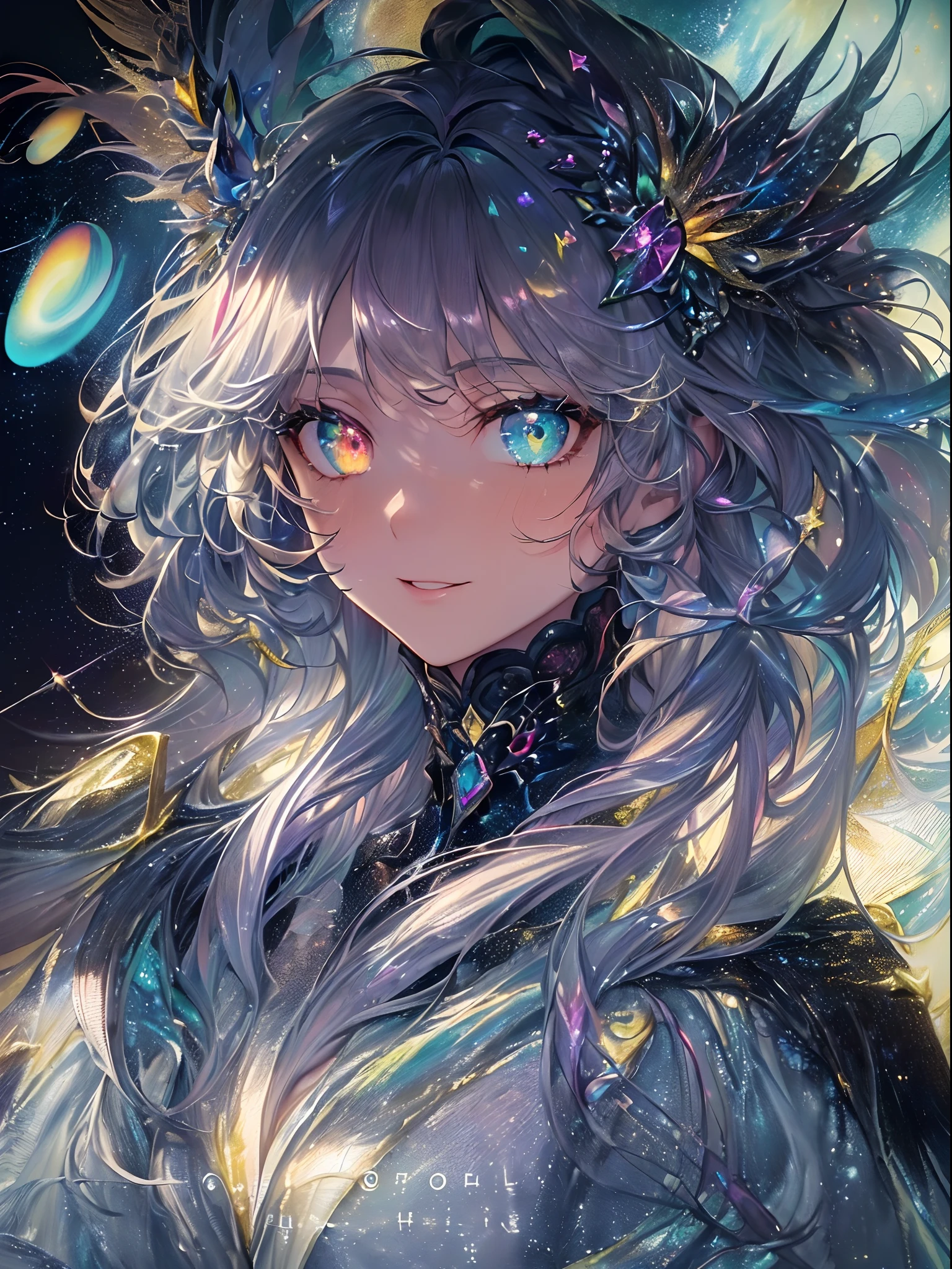 Dark Focus , (Dark gradient watercolor :1.5, Lens Flare:1.5 , Glitter :1.5), （The arms are big wings:1.5、Flying wing aircraft、Harpies in Greek mythology:1.5）、full body Esbian、monstergirl、Glow , Dreamy , Dark background、Grid illusion, Colorful, girl、(((Dark sea background:1.5,Psychic in the background:1.5))),((extremely detailed eye:1.5)),{{{Ultra 8K resolution}}},((masutepiece, of the highest quality, Beautiful and aesthetic: 1.2)),{{hyper detailed masterpiece: 1.7}}, {{Cinematic lighting}},(The hair　Transparency:1.5）,(dark hue:1.5，Dark Tone，Big aurora borealis background in the dark:1.5、The Darkness:1.5，Cold reflection:1.5，The edges of the object are reflected by a rainbow:1.5) 、(Golden ratio: 1.2), (Full body: 1.2), (Super Detail: 1.3), (girl with: 1.3), (Fractal Art: 1.3), {{{Glitter Pupil:1.25}}}) , ((rainbow-colored hair:1.2、colourful hair、Half blue and half red hair:1.5,Shiny hair: 1.2)), (Heterochromia), (full body Esbian), (Hyper-detailing), ((delicate detail)), (intricate-detail), ((Cinematic Light, Highest quality backlight)), High contrast, {{{The best lighting, Very delicate and beautiful}}}, (( Cinematic Light)), (ray trace reflection, Glow), (((glowing aura)), {{{Glowing hair:1.25}}}, ((Super Detail)), (8K)), ((a closeup)), ((Brown skin)), ((Seductive smile)) ,((high angle full body shot)), (Full body:1.2)、(firmament:1.5)