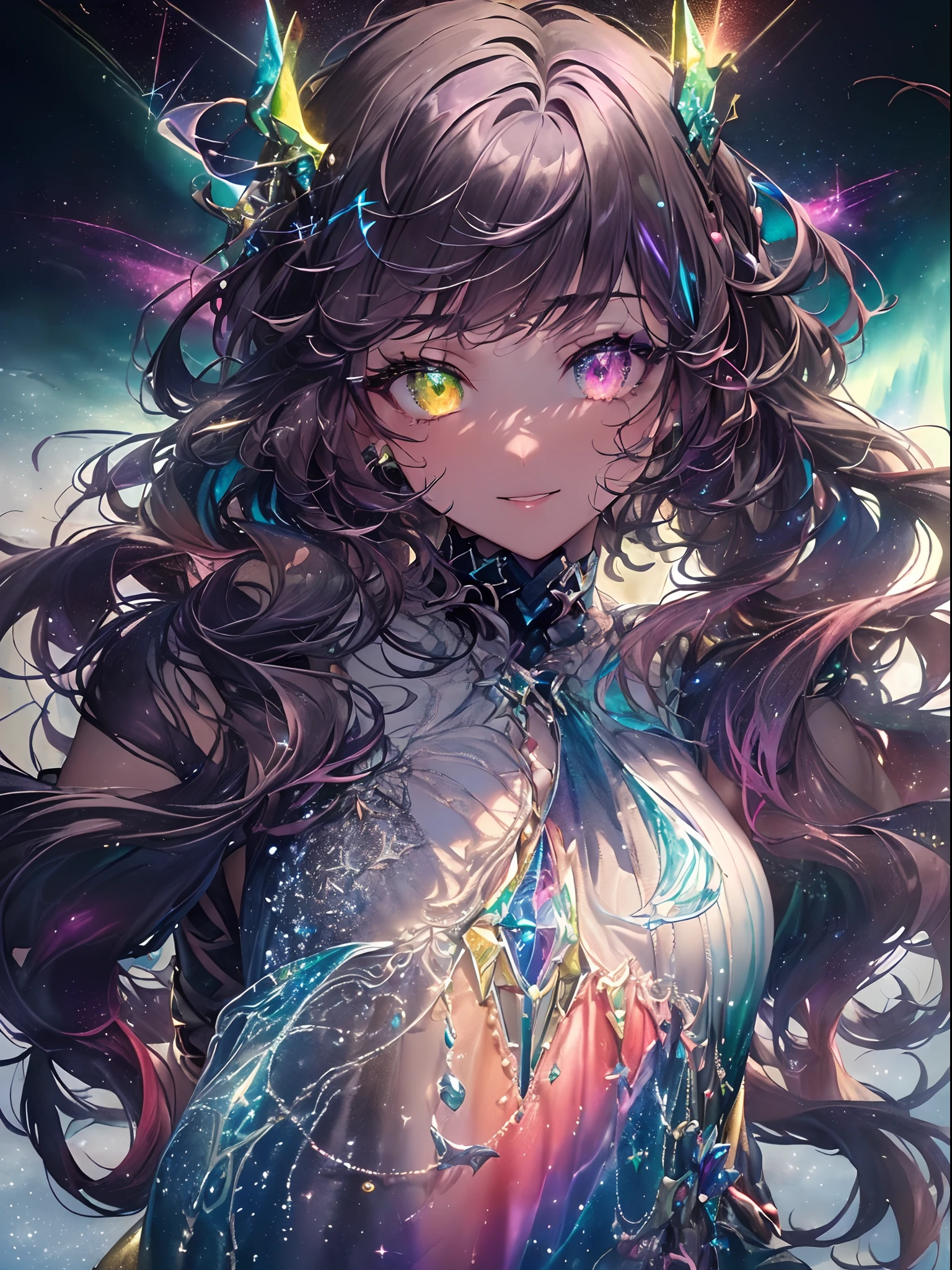 Dark Focus , (Dark gradient watercolor :1.5, Lens Flare:1.5 , Glitter :1.5), (The arms are big wings:1.5、Flying wing aircraft、Harpies in Greek mythology:1.5)、full body Esbian、monstergirl、Glow , Dreamy , Dark background、Grid illusion, Colorful, girl、(((Dark sea background:1.5,Psychic in the background:1.5))),((extremely detailed eye:1.5)),{{{Ultra 8K resolution}}},((masutepiece, of the highest quality, Beautiful and aesthetic: 1.2)),{{hyper detailed masterpiece: 1.7}}, {{Cinematic lighting}},(The hair Transparency:1.5),(dark hue:1.5,Dark Tone,Big aurora borealis background in the dark:1.5、The Darkness:1.5,Cold reflection:1.5,The edges of the object are reflected by a rainbow:1.5) 、(Golden ratio: 1.2), (Full body: 1.2), (Super Detail: 1.3), (girl with: 1.3), (Fractal Art: 1.3), {{{Glitter Pupil:1.25}}}) , ((rainbow-colored hair:1.2、colourful hair、Half blue and half red hair:1.5,Shiny hair: 1.2)), (Heterochromia), (full body Esbian), (Hyper-detailing), ((delicate detail)), (intricate-detail), ((Cinematic Light, Highest quality backlight)), High contrast, {{{The best lighting, Very delicate and beautiful}}}, (( Cinematic Light)), (ray trace reflection, Glow), (((glowing aura)), {{{Glowing hair:1.25}}}, ((Super Detail)), (8K)), ((a closeup)), ((Brown skin)), ((Seductive smile)) ,((high angle full body shot)), (Full body:1.2)、(firmament:1.5)