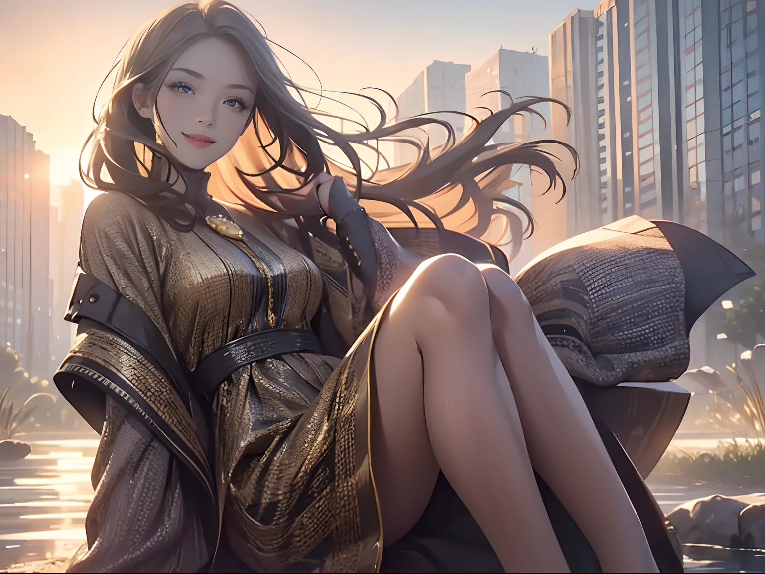 An elegant girl, Inside a luxury mansion, Full body photo, A snarky expression，Beautiful detailed eyes, Detailed lips, Exquisite features, floating dress, Hefty Smile, Confident posture, , Vibrant colors, Golden hour lighting, High-resolution artwork, Realistic rendering, professional portrait, fine brush strokes, picturesque landscape, Stunning visual impact.