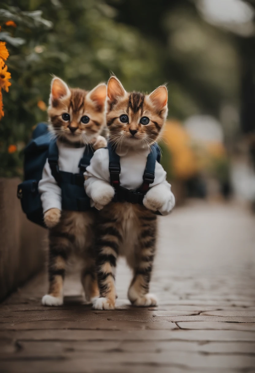 I have two little kittens, a cute little cat, cute kittens, Cutest, Incredibly cute, Adorable and cute, And cute and lovely. They are walking down the street with backpacks, Walking together, commute, Proudly walk down the street, And the cat is walking. They are cute in the style of 🍂 and 🍁, Adorable and cute, Cute and adorable, oh, nice and cute. They are known as real-life Tom and Jerry.