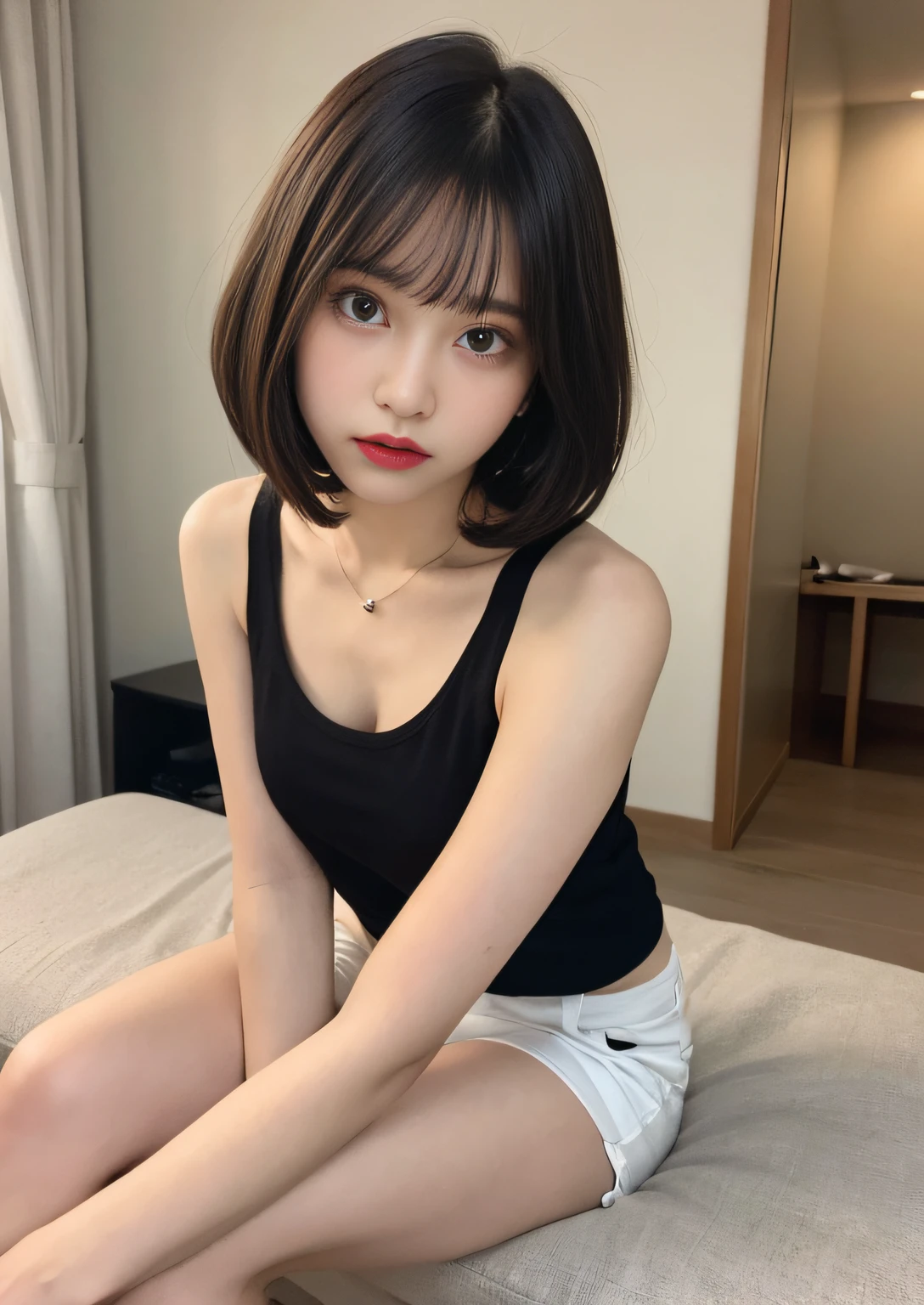finely detail, hight resolution, hightquality、Perfect dynamic composition, Beautiful detailed eyes, Bob Layer Cut、frombelow、Gaze、From below、From below、sit on sofa、long legged、despise、Looking at the camera、Hold in hand、Natural Color Lip, 28 year old、1 persons、Transparent skin、Glowing hair、Bedroom、inside in room、Fashionable clothes、Shibuya、Gelato Pique、room wear、Fashionable、beauty legs、Futomo、Shake your head、glares、irritation、irate