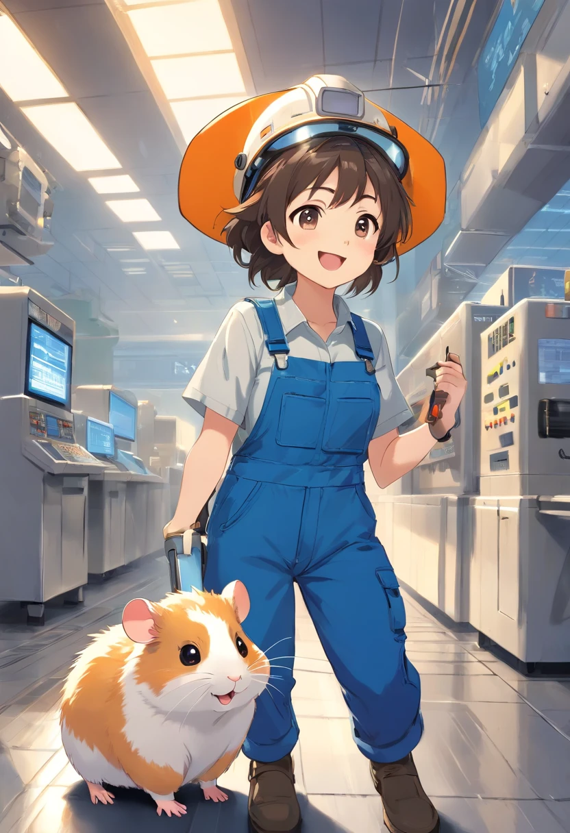 Happy hamster, Hang a leak detector, Hard hat on the head, Trading on the stock exchange，Wearing blue overalls