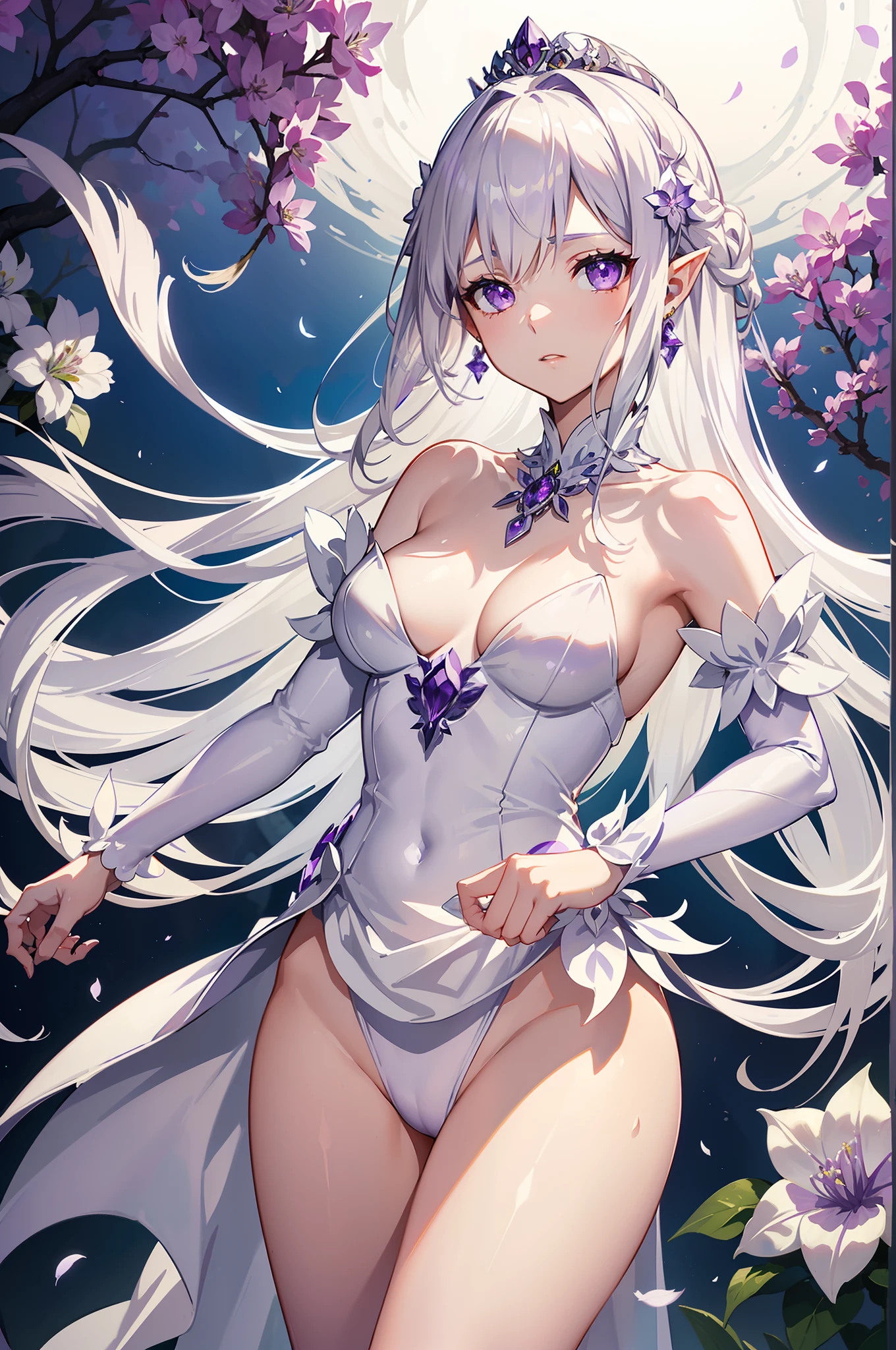 Emilia princess from Re:Zero kara Hajimeru Isekai Seikatsu, half elf, ((gorgeous white and purple wet elegant silk wedding dress, holding a bunch of clematis, silk accesory, veil, silver necklace, diamond ring, flower earring, belt, collar, silver crown, white silk legging)), grace hair style, garden background, ((perfect body shape, small breast, empress and forzen aura, flower and feather flying effect, detailed skin, silver and light purple pupil)), heavy make up, best quality anime 4k wallpaper quality, extreme eye and body detail, energetic girl, spirit around, high resolution , masterpieces, league of legend art