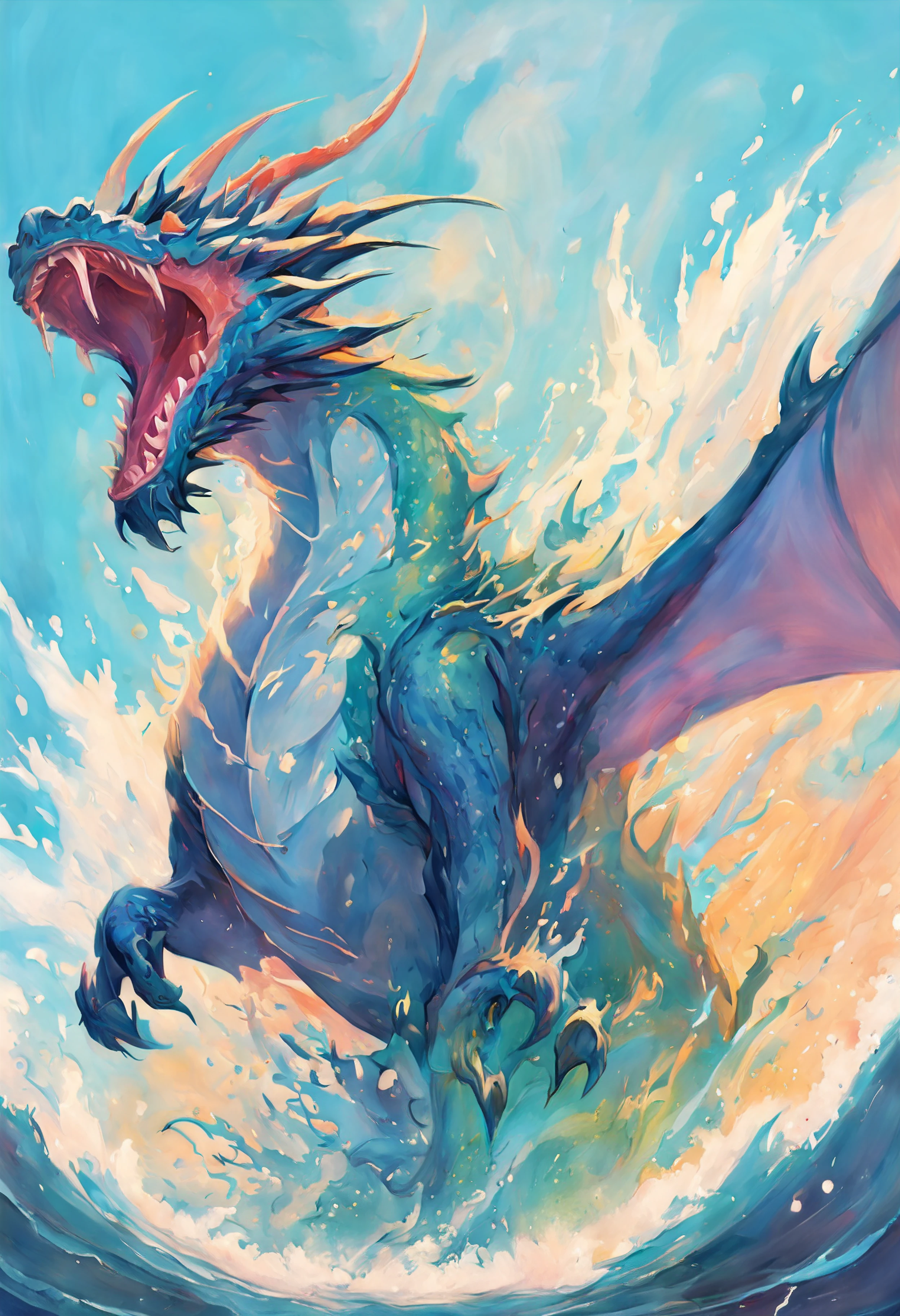 Artistic image of a dragon surrounded by bursting spurts of water as it plummets from the sky into the ocean below, the torrents of water kicked up by its descent frozen in mid-air. Inspired by impressionist water paintings like those of Claude Monet and Wayne Thiebaud. Rendered in an expressionist splash painting style with thick strokes of color.