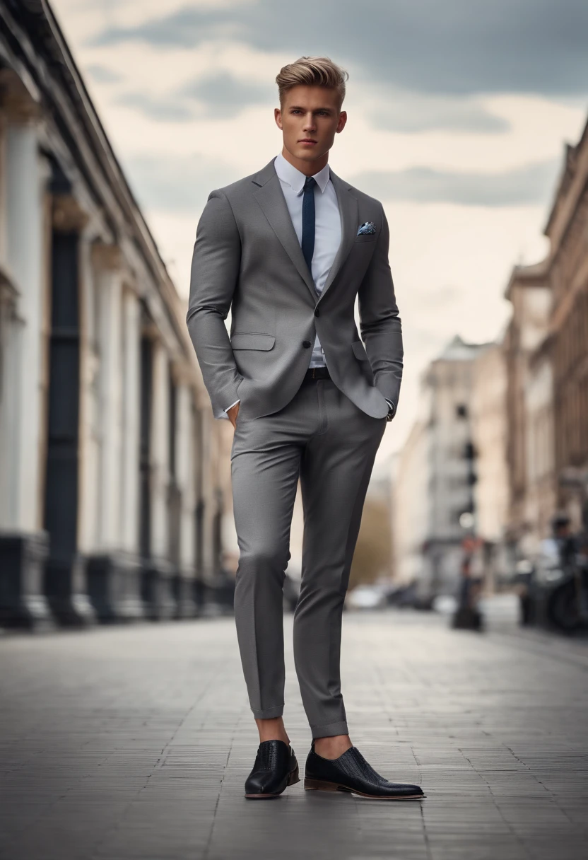 Full body man looking forward, gray buttoned suit, with gray pants, white shirt, black belt, full body, arms at his sides, not putting hands in pockets, short blond hair, and blue eyes, attractive male, young handsome, and attractive, Features, attractive man, attractive young man, Cool _ hairstyle, blond man, Slim man with fair skin, Young man with long length, black shoes, 8k