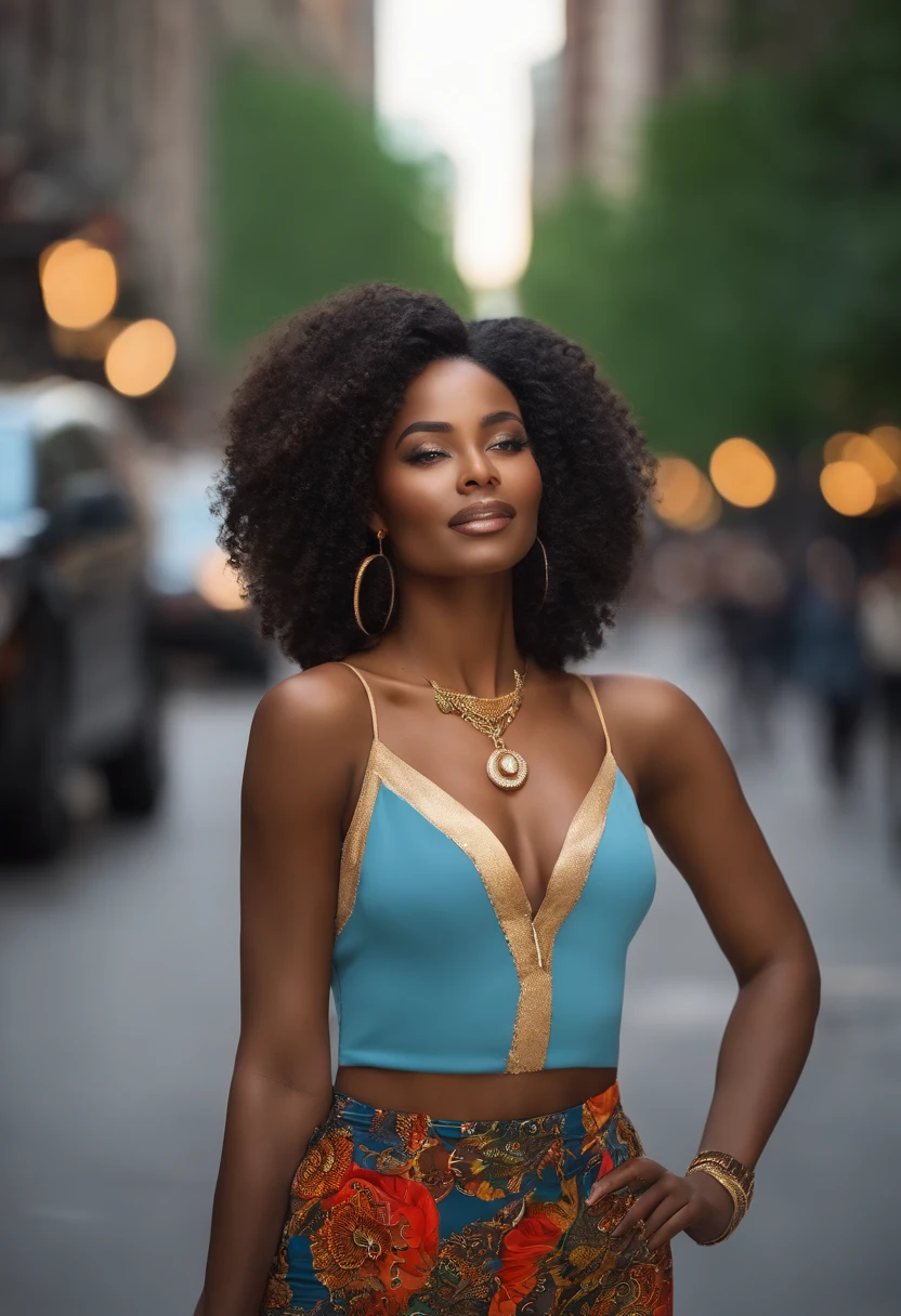 Ultra realistic, 4K, black hairs, (masterpiece, best quality), beautiful african woman who looks like Yababeth, detailed sleeveless turtleneck top, pants, necklace, wavy hair, perfect face, beautiful face, alluring, big gorgeous eyes, happy, hourglass figure (outdoor), city streets, new york, bright colors