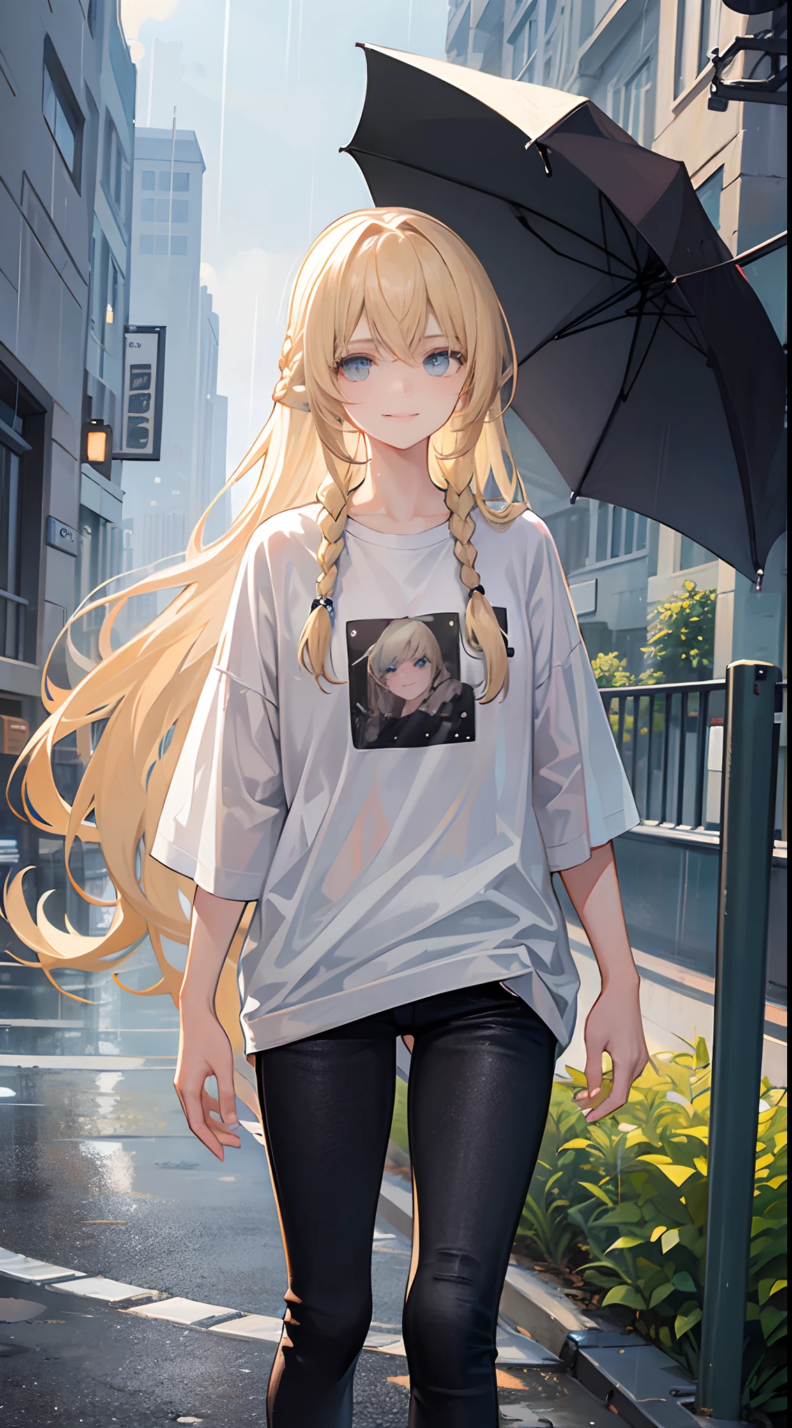 18-year-old blonde, Turquoise eyes, long-haired,Braid left and right, White T-shirt, Black Jeans Standing in the rain...With a slightly smiling face...........