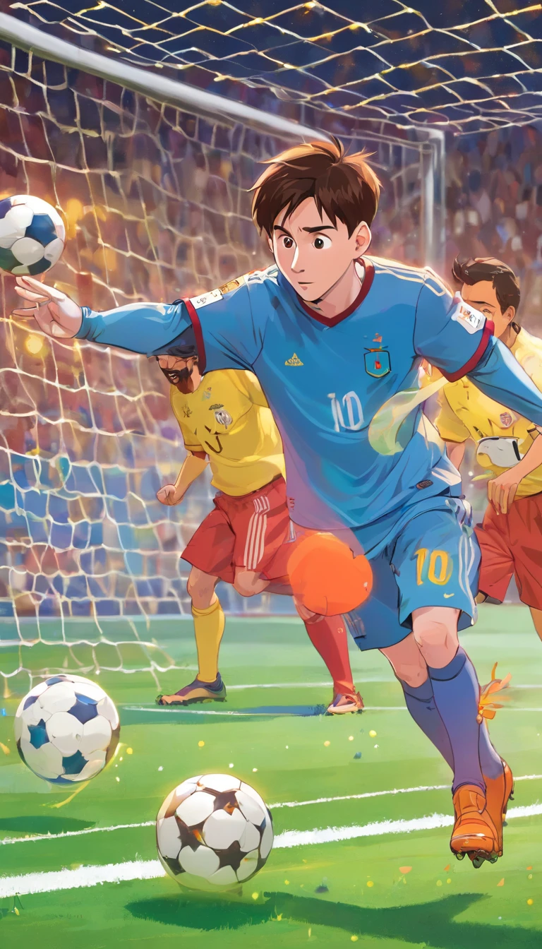 Lionel Messi, (pixar style) ,moving, dribbling a ball, and then stops to shoot the ball in front of the goal (with a goalkeeper)