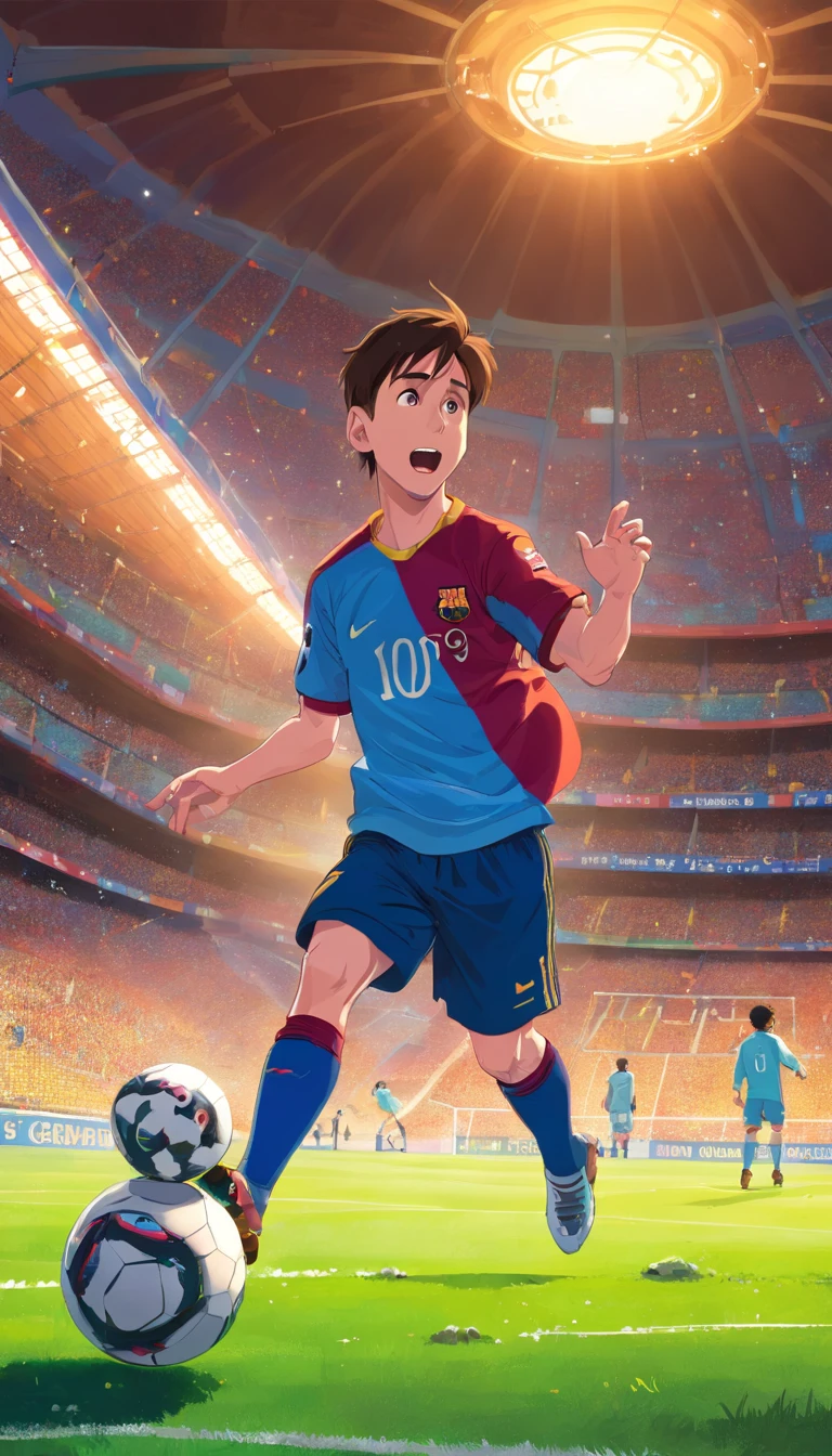 Lionel Messi, (pixar style) ,moving, dribbling a ball, and then stops to shoot the ball in front of the goal (with a goalkeeper)