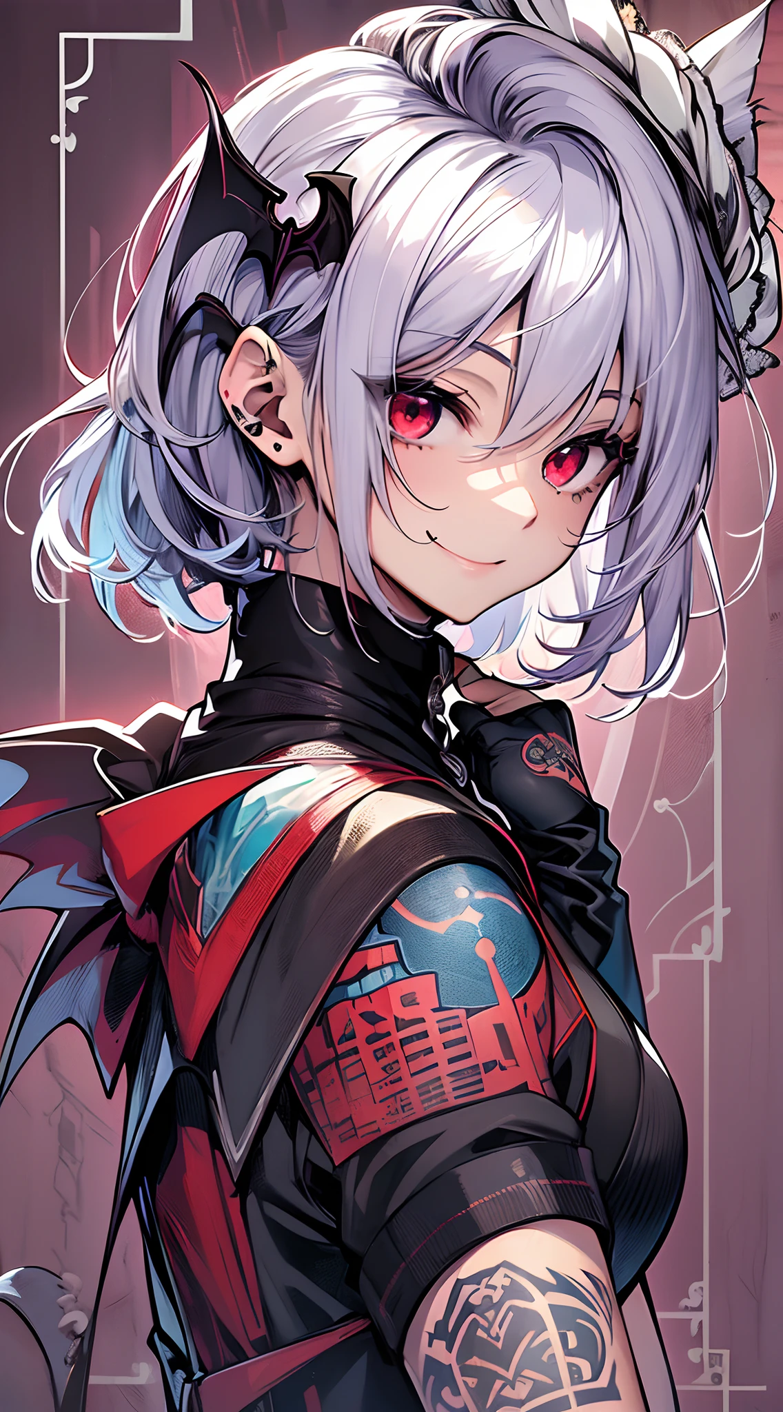 top-quality、Top image quality、in 8K,4K,​masterpiece、(NSFW:1.1)、ultra-detailliert、Beautiful、ultra-quality、adult-like、Cool、girl with(((18year old、Vampire：1.3、Vampires、Bust 78、silber hair、a short bob、Red Eyes、erotick:1.4、Happiness、The tattoo)))、hiquality、visualart、Background with((Country Town 1.3))、masutepiece