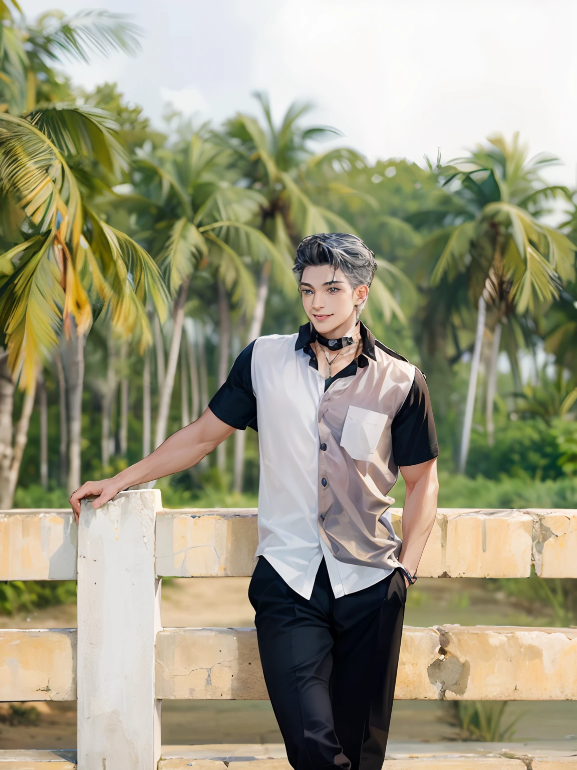 absurdres, highres, ultra detailed, HDR), masterpiece, best quality, 1boy, solo, 17 year, handsome, yellow curly messy hair, blue eyes and detailed face, ((wear tight black shirt, open collar)), (white skin), upper body, muscular, playfully smile, direct angle, wear silver necklace,