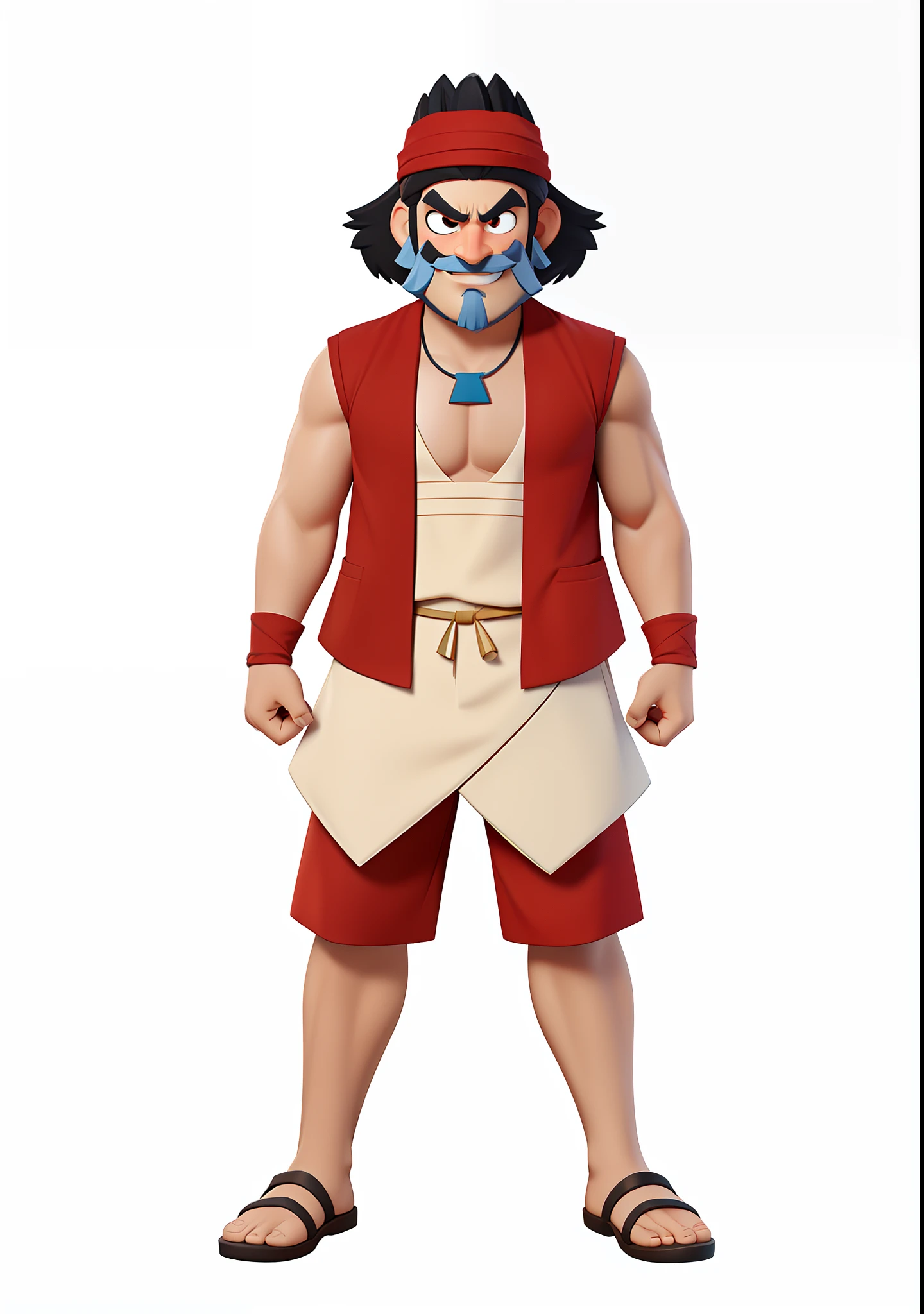 cartoon of a man in a red vest and white shirt, akira from chinese mythology, nicholas cage as monkey d luffy, goku as an asian man, handsome prince of persia, full length character, disney character, single character full body, antasy character, inspired by Chen Jiru, male character design, full body character, animation character, character full body portrait, shirtless, black necklace, slightly beard, slightly mustache, evil smile, 3d render, ocatane render, 3d cartoon,