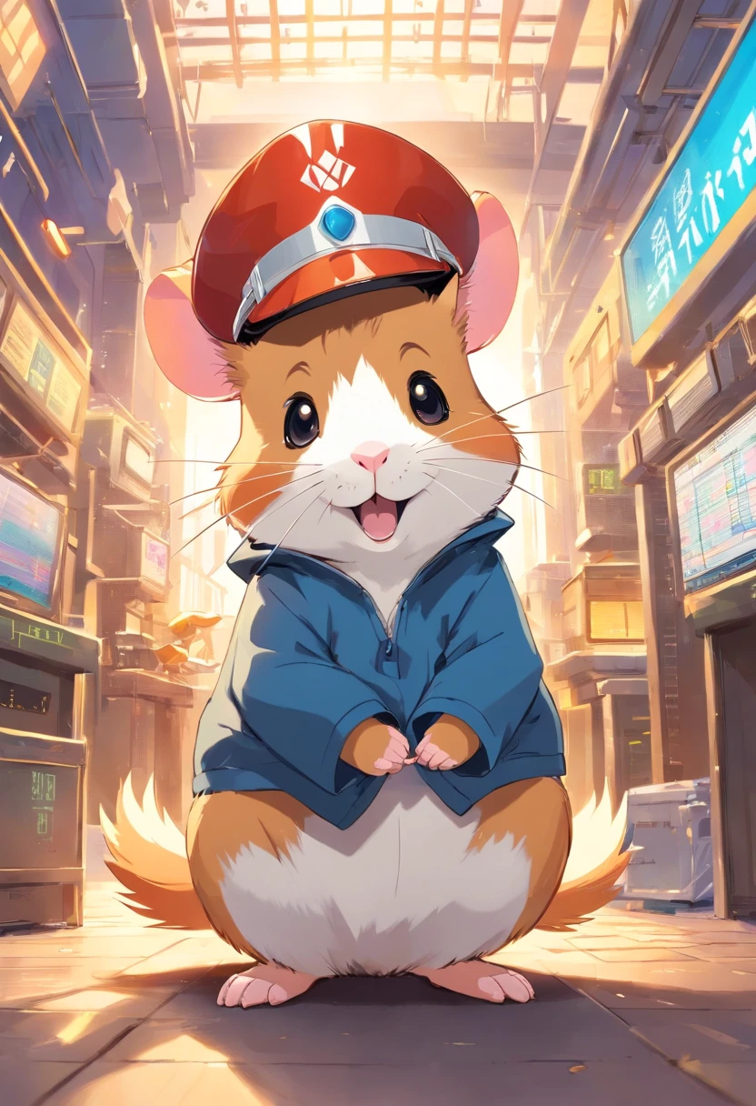 Happy hamster, Hang musical instruments, Hard hat on the head, Trading on the stock exchange,frontage