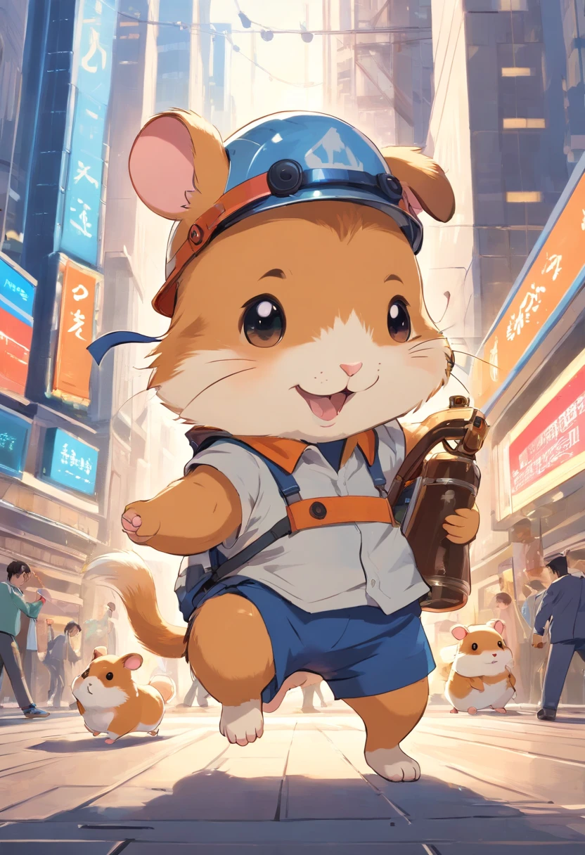 Happy hamster, Hang musical instruments, Hard hat on the head, Trading on the stock exchange，frontage